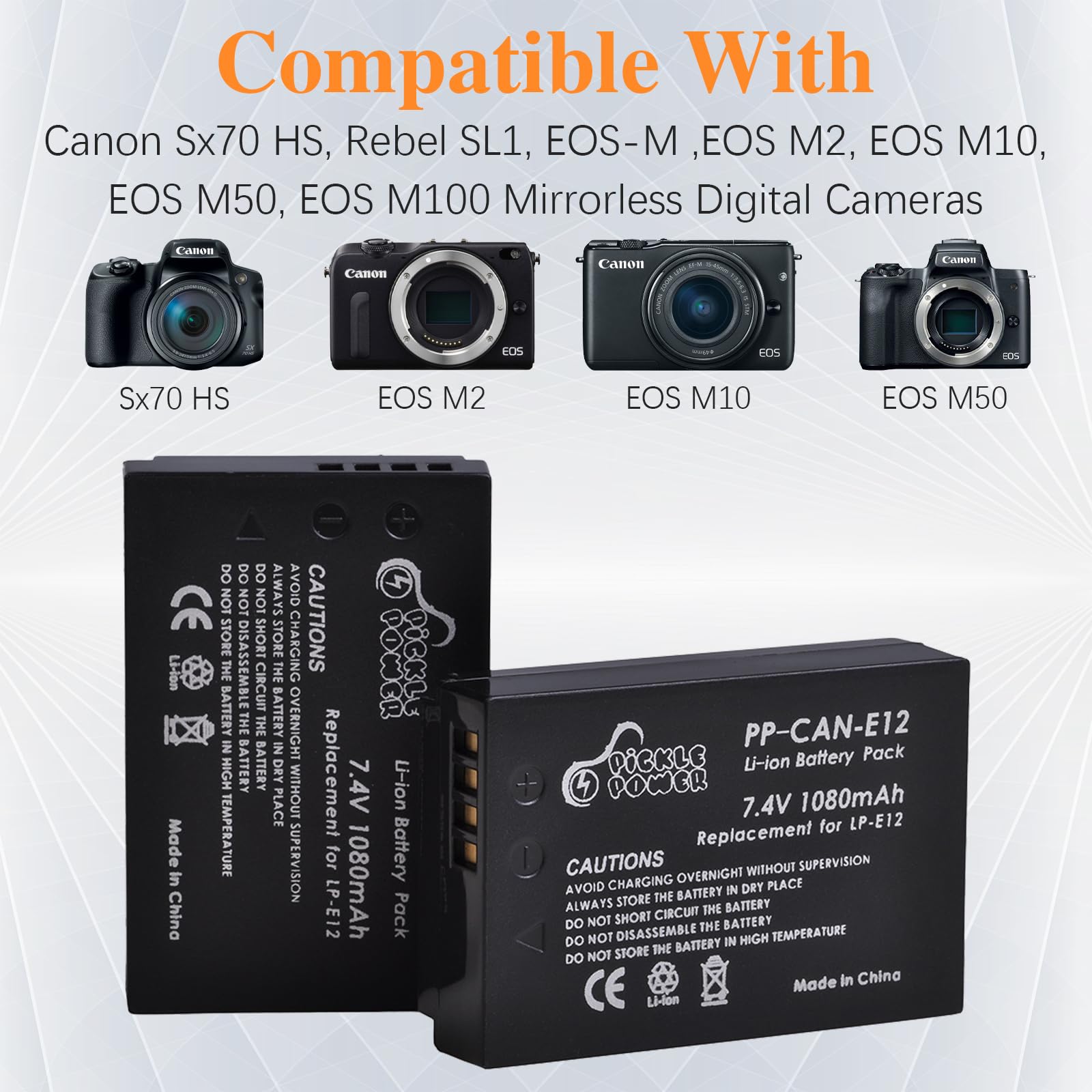 Pickle Power Lp E12 Battery And Led Dual Usb Charger For Canon Powershot Sx70 Hs, Eos M M2 M10 M50 M100 M200, M50 Mark Ii, Rebel