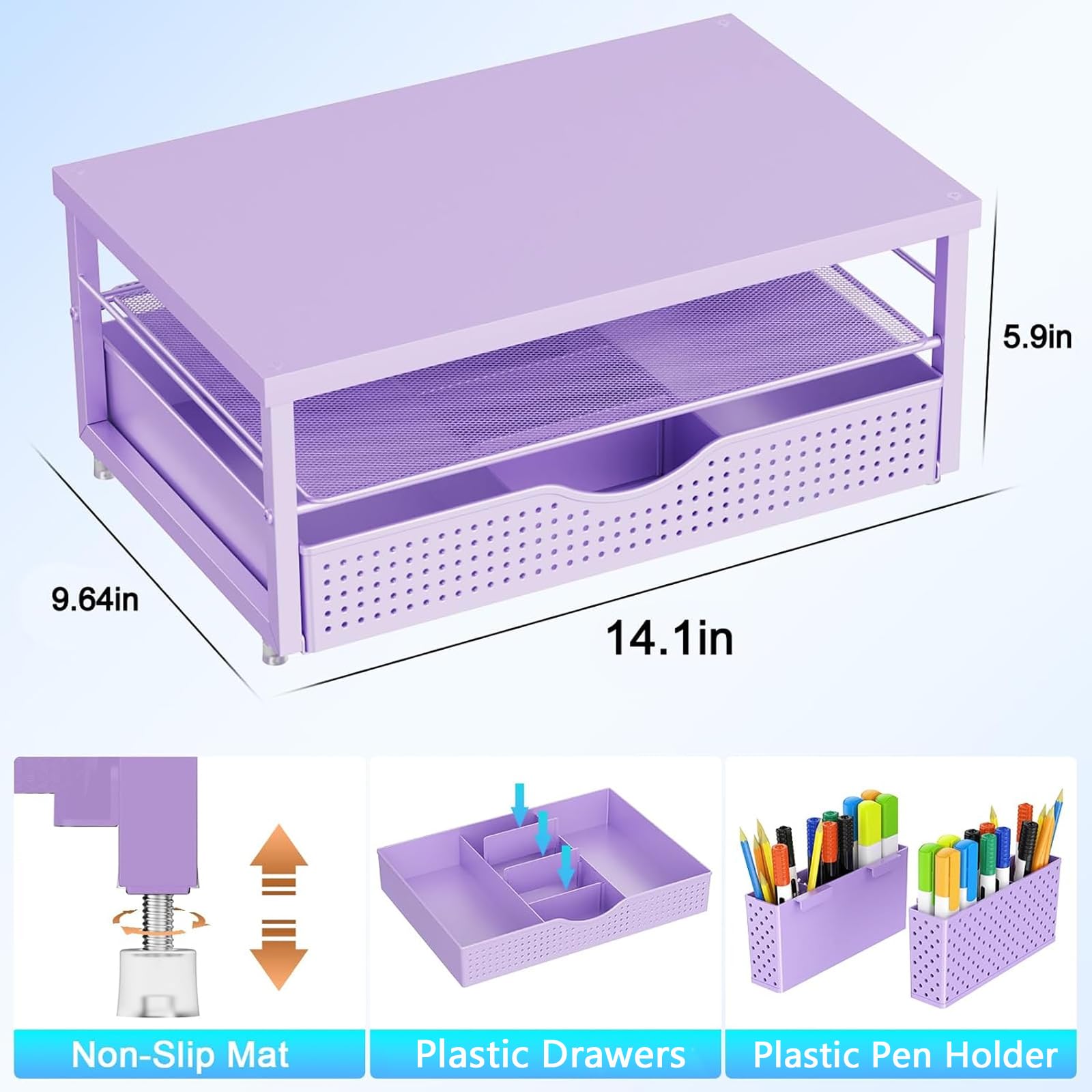 Gianotter Wood Monitor Stand Riser, Desk Organizer With Drawer And 2 Pen Holders, 2-Tier Workspace Organizer For Office Supplies