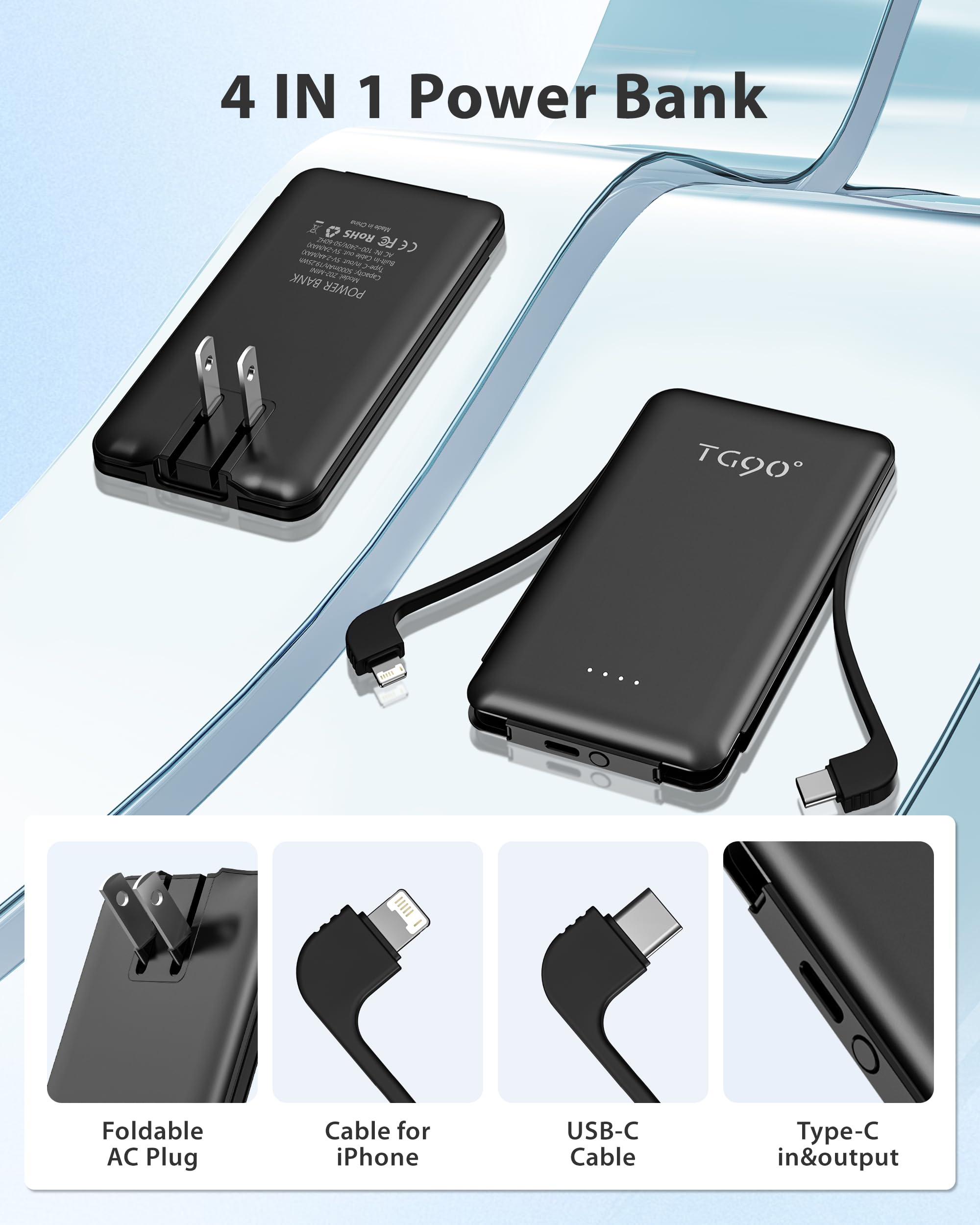 Tg90 2 Pack Portable Charger With Built In Foldable Ac Wall Plug And Cables, 5000Mah 3 Outputs Battery Pack Mini External Power