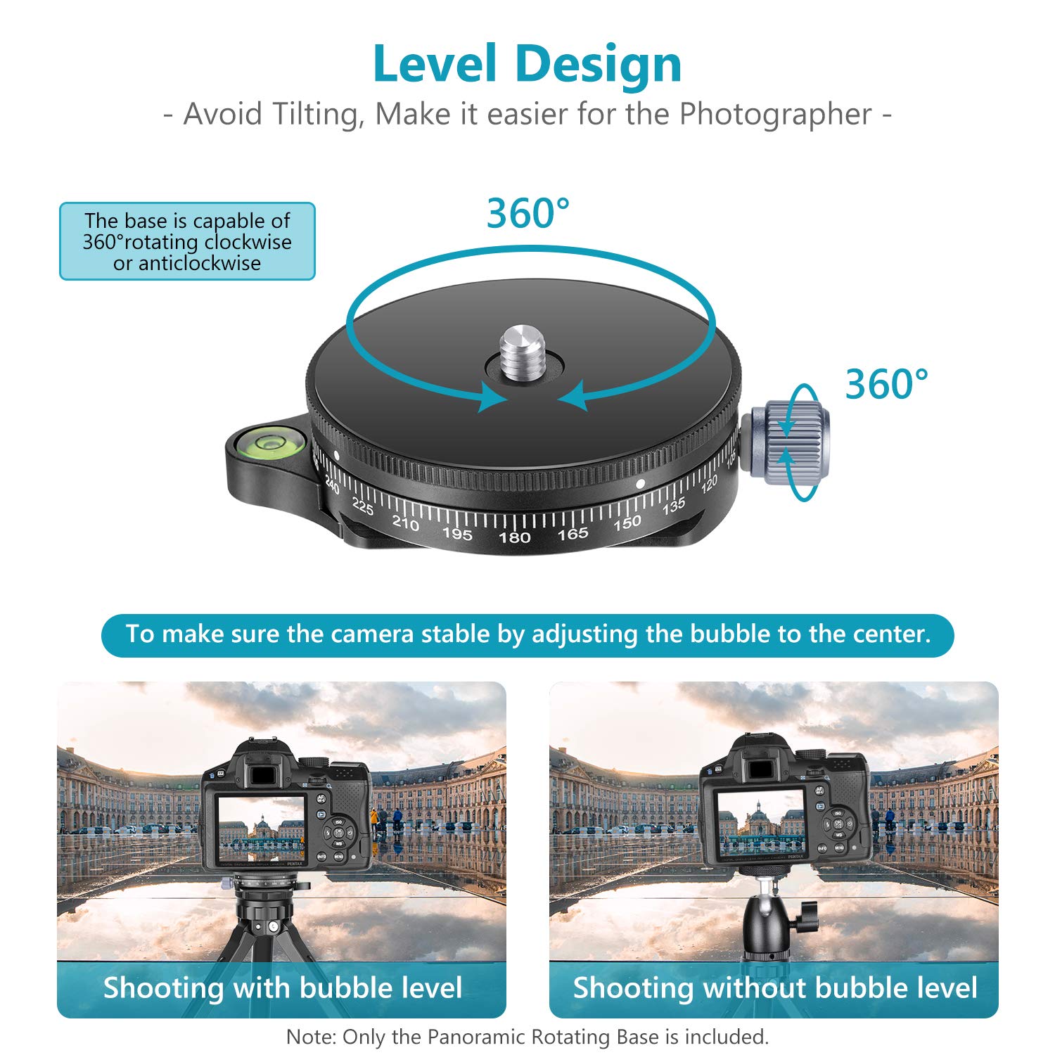 Neewer Camera Panoramic Panning Base With Style Plate, 3/8 Inch Screw Aluminum Alloy Panorama Ball Tripod Head With Bubble Level