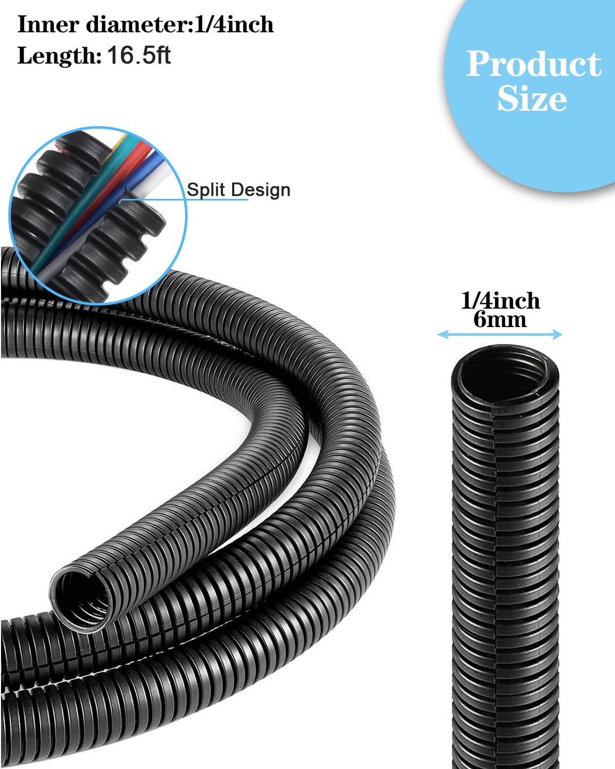 1/4 Inch Wire Loom Split Tubing   16.5Ft Cord Protector Electric Wires Covers, Automotive Wire Flexible Conduit, Plastic Wire Co