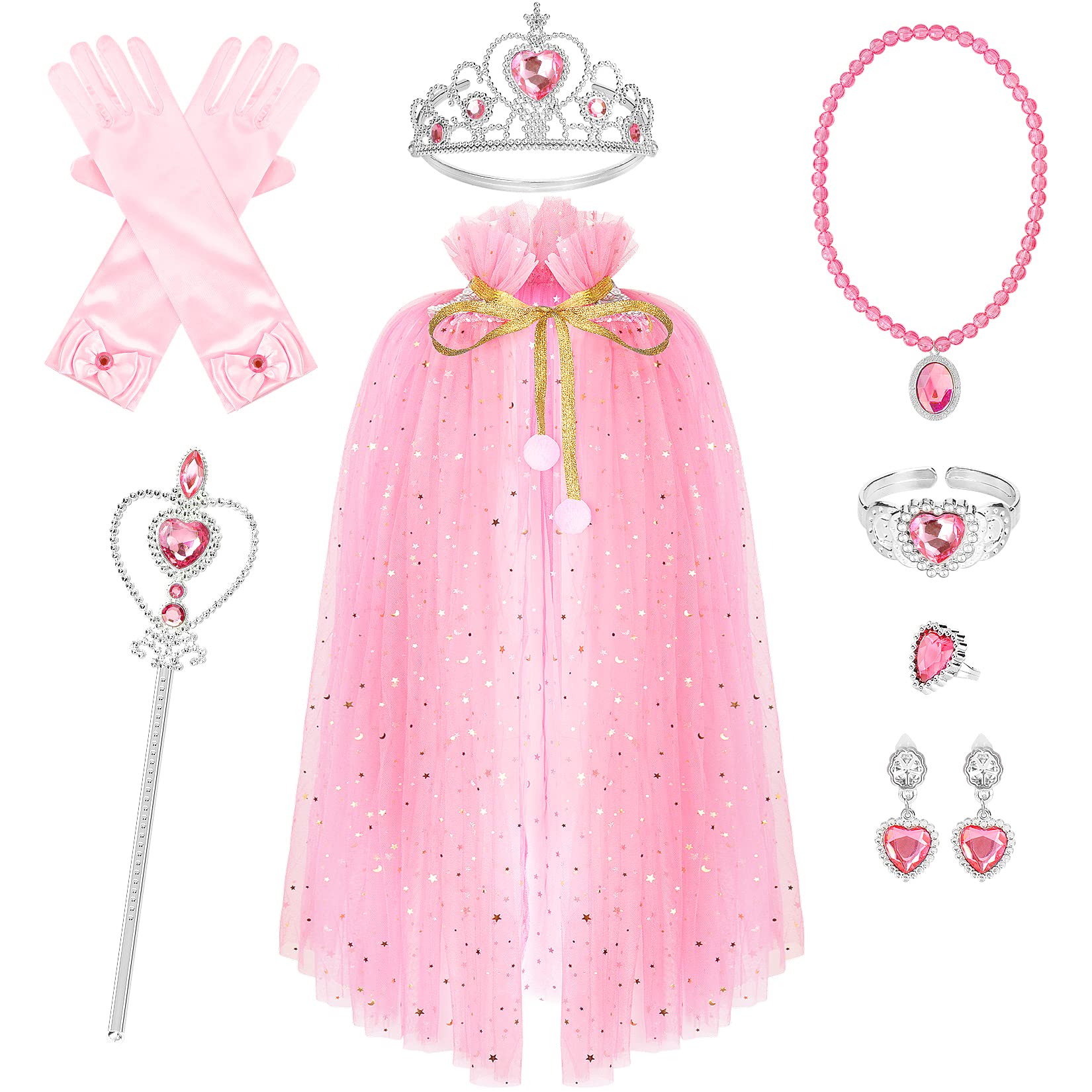 Hapgo Princess Cape Set 9 Pieces Girls Princess Dress Up Party Cosplay Cloak With Jewelry Tiara Crown Wand Gloves (Pink)
