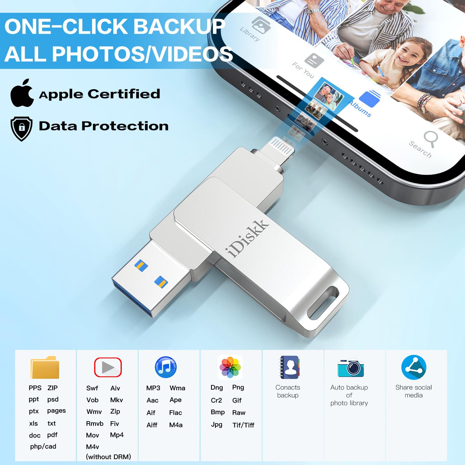 Ios Mfi Certified Idiskk 256Gb Flash Drive Photo Stick Mobile For Iphone (14/13/12/12 Pro/12 Pro Max/11/11 Pro/Xr/X) Memory Stic