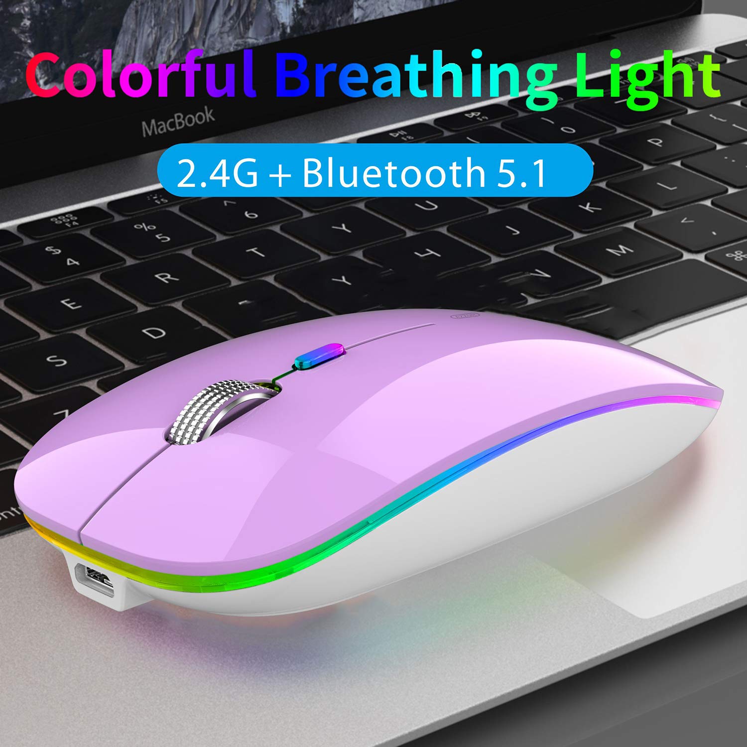 Tenmos Wireless Bluetooth Mouse, Led Slim (Bluetooth 5.1 + Usb) 2.4Ghz Rechargeable Silent Bluetooth Wireless Mouse With Type C Adapter For Laptop/Macbook/Ipad Os 13 And Above (Purple)