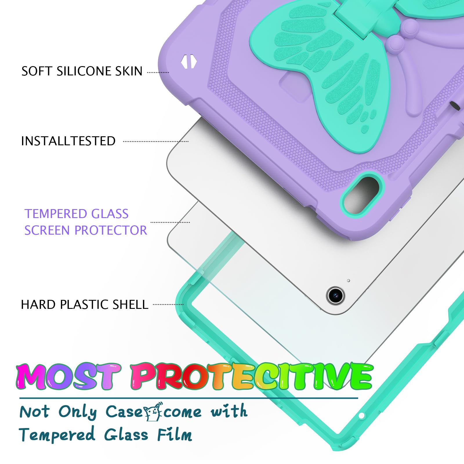 Ambison Case For Ipad 10Th Generation 2022 10.9 Inch For Kids Girls,With 9H Tempered Glass Screen Protector, Rugged Heavy Duty Shockproof Protective Case With Butterfly Stand,Carrying Strap Purple