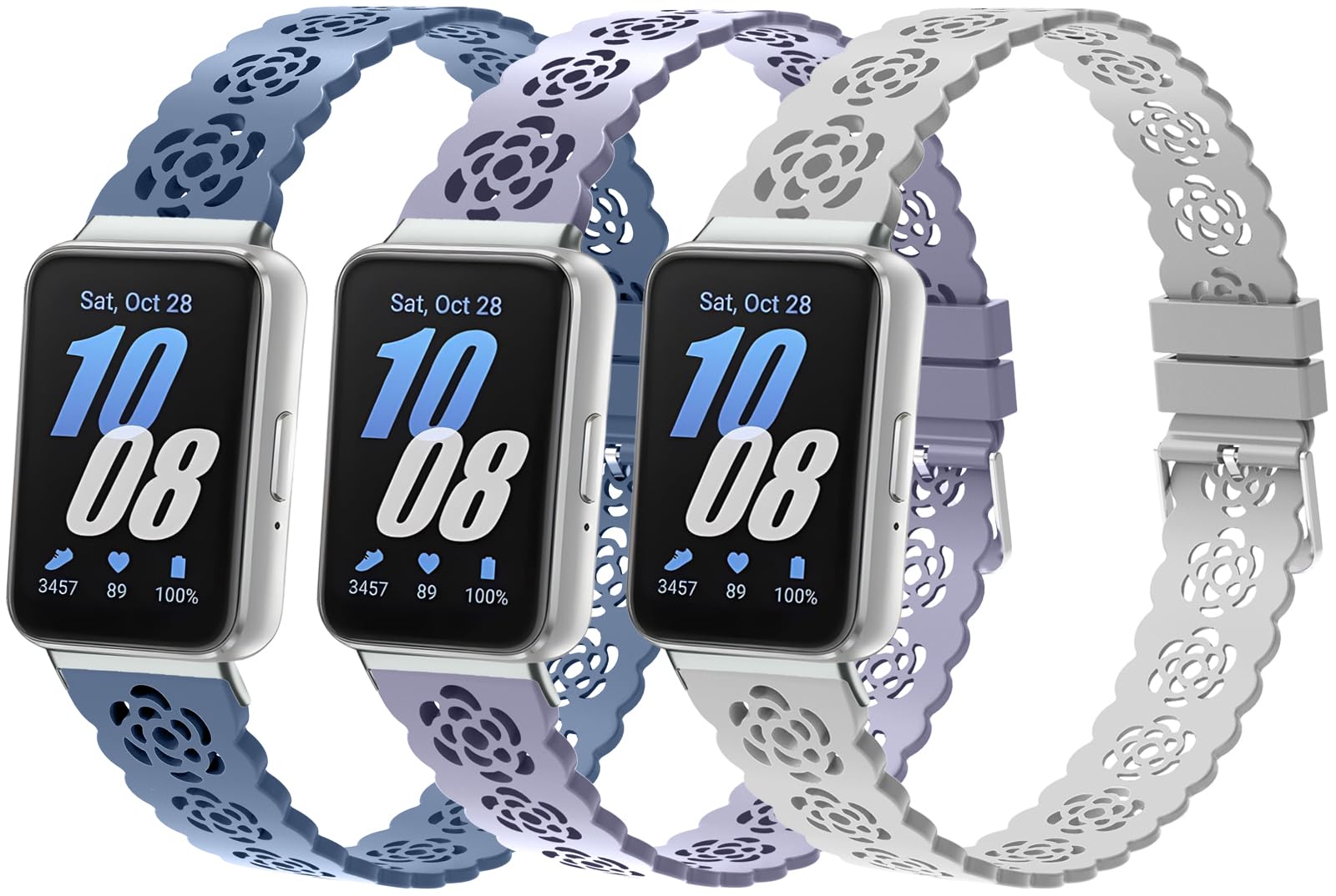 3 Pack Sport Bands Compatible With Samsung Galaxy Fit 3, Slim Lace Breathable Rose Hollowed-Out Soft Silicone Replacement Straps