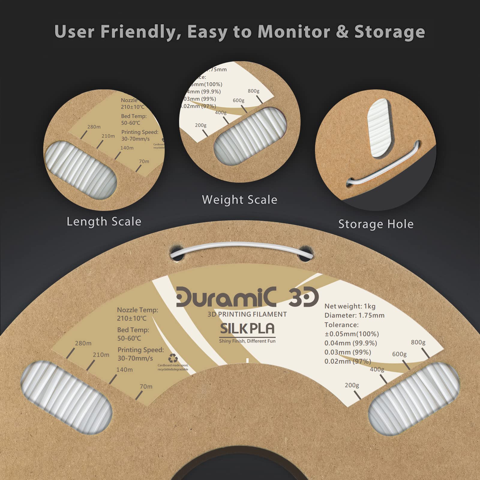 Duramic 3D Shiny Silk Pla Filament 1.75Mm Shiny Metallic Pla Filament Dimensional Accuracy +/- 0.05 Mm White