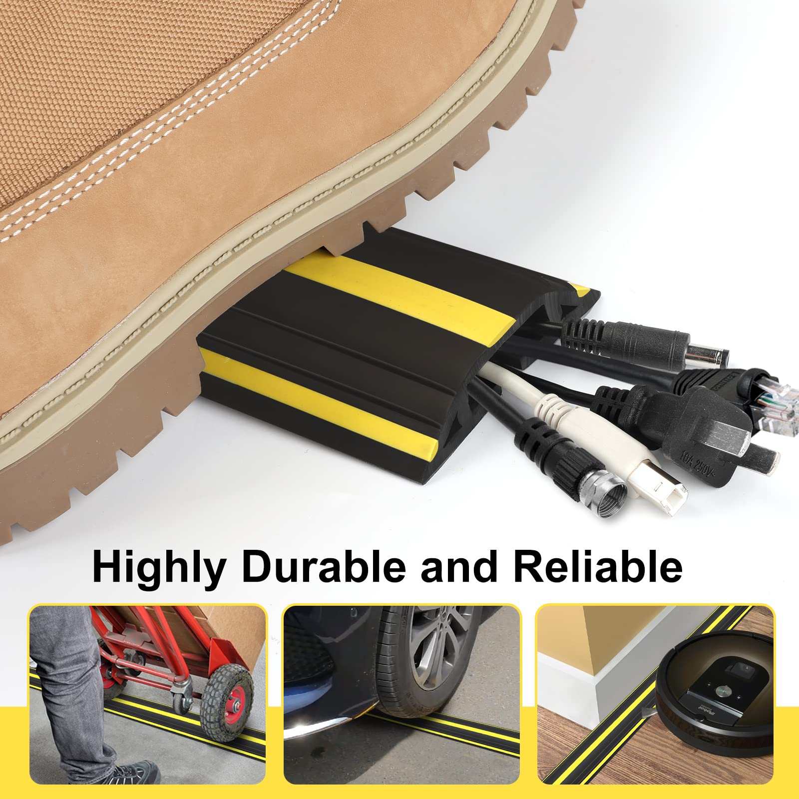 TFMUZERT 10 ft Heavy Duty PVC Floor Cable Cover Protector - Black & Yellow, Easy to Unroll Trip Hazard Prevention