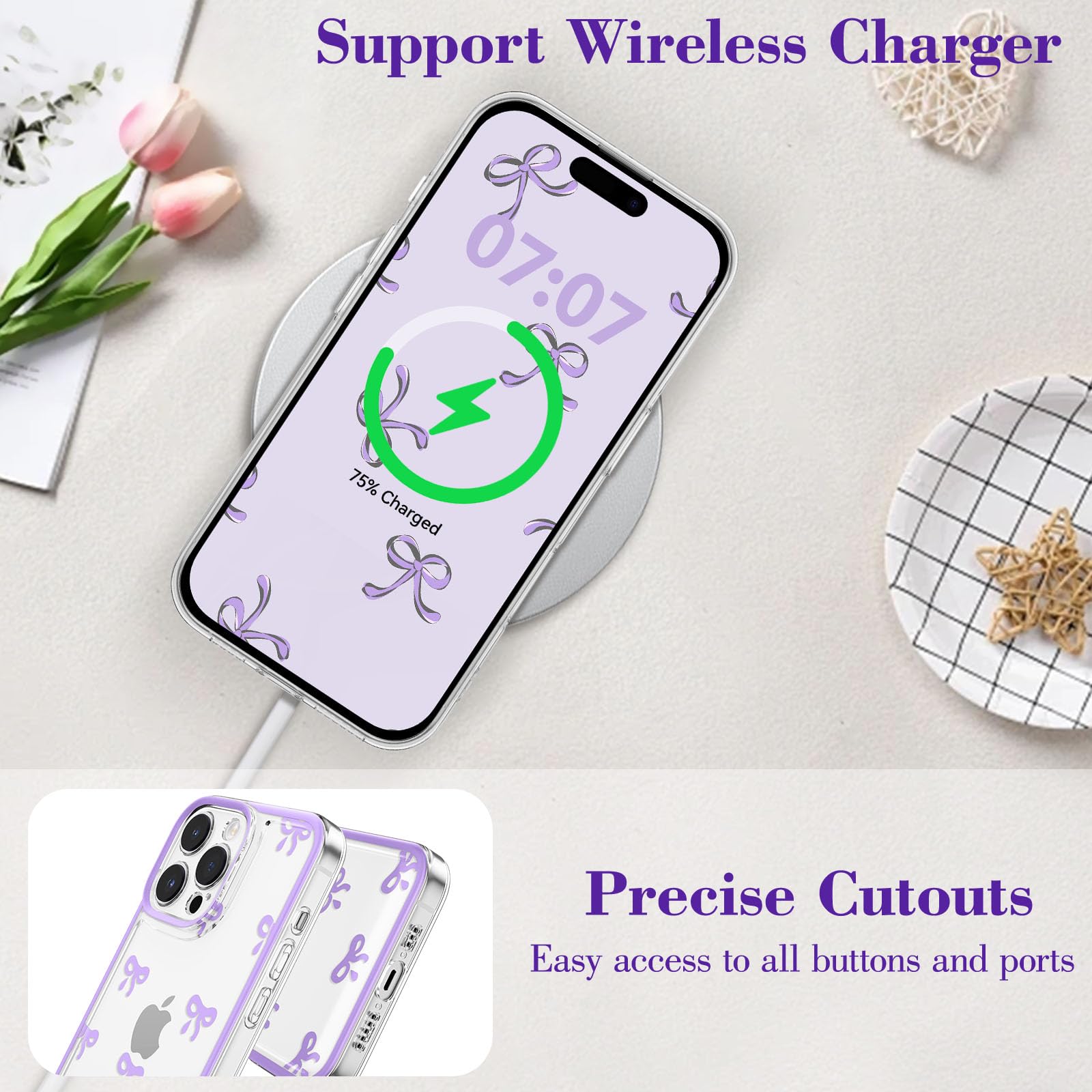 Eyzutak Case For Iphone 16 Pro, Clear Cute Ribbon Bowknot Pattern Aesthetic Transparent Phone Case Raised Camera Protection Styl