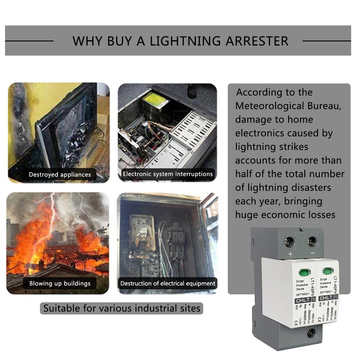 2P Surge Arrester Device, Dc Protector Breaker Device 1000V Dc Voltage Pc Flame Retardant Shell Low Voltage Arrester 3.0Kv Light