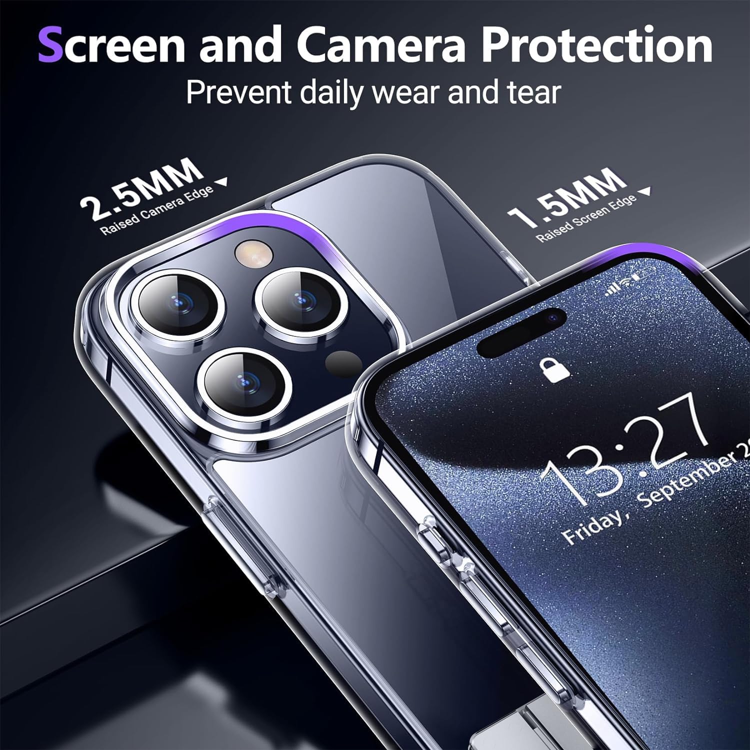 Temdan Designed For Iphone 15 Pro Max Case Clear With Kickstand, [Non Yellowing] [Military Grade Drop Protection] Slim Thin Shoc