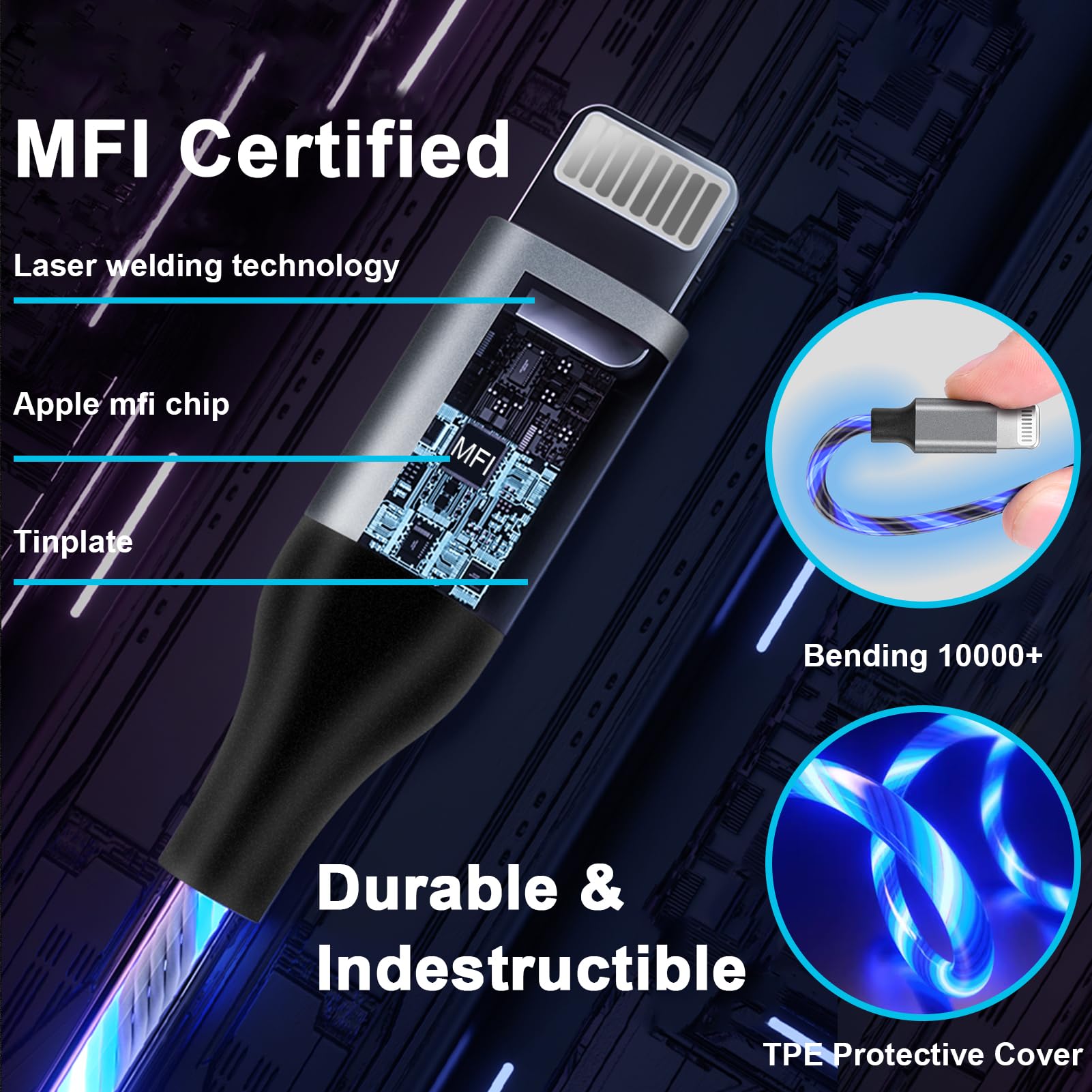 PatDow LED iPhone Charger Cable - MFi Certified, 6 ft, Blue, Copper, Fast Charging for iPhone 14/13/12/11 Pro Max, iPad, iPod
