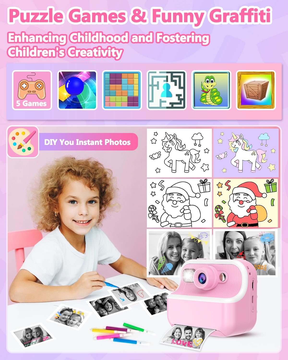 Kids Camera Instant Print, Christmas Birthday Gifts For Kids 3 12, 1080P Instant Print Camera For Kids, Toddler Camera Toy For 4