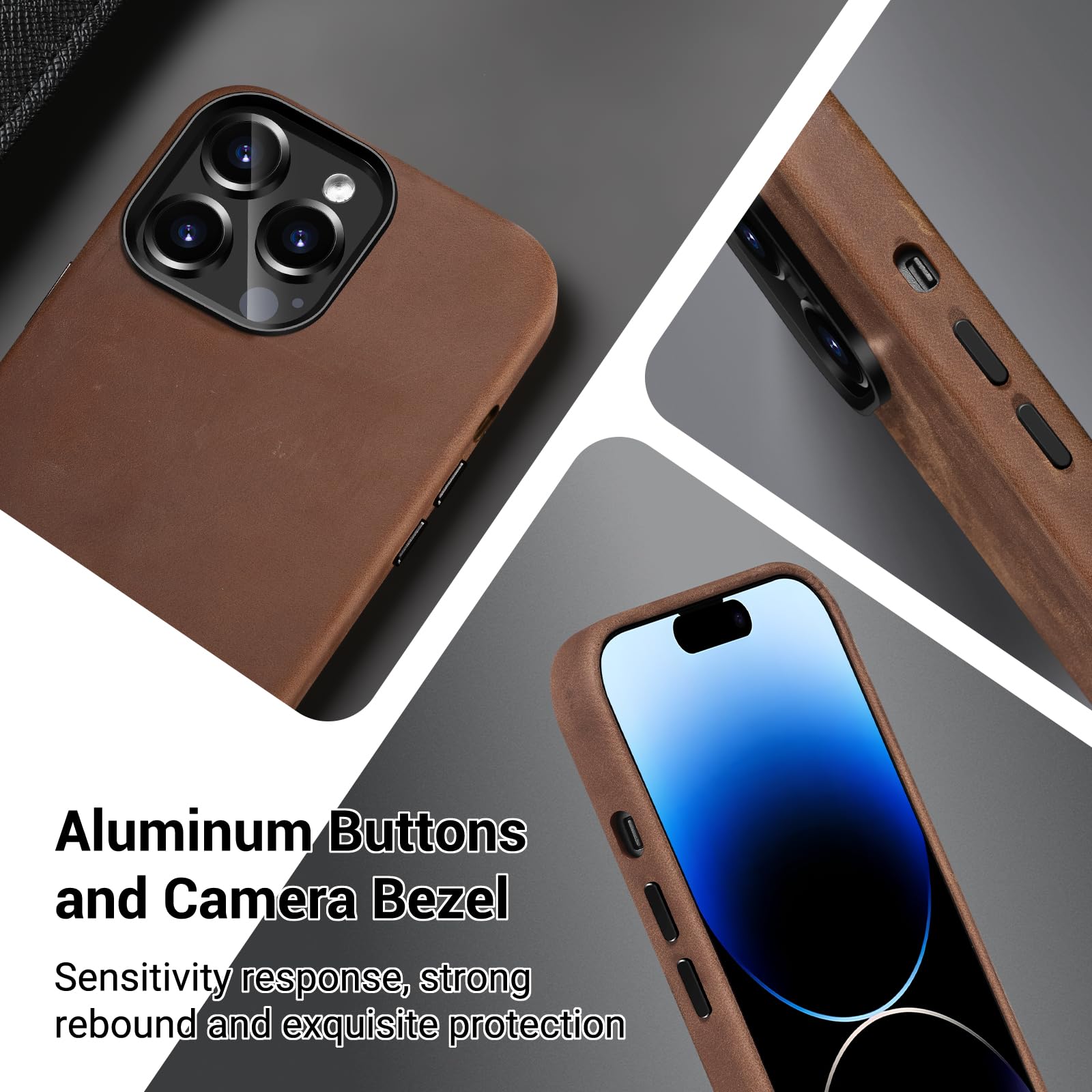 Belemay Compatible With Iphone 14 Pro Leather Case Magsafe   Top Grain Vintage Crazy Horse Leather   Metal Buttons & Camera Beze