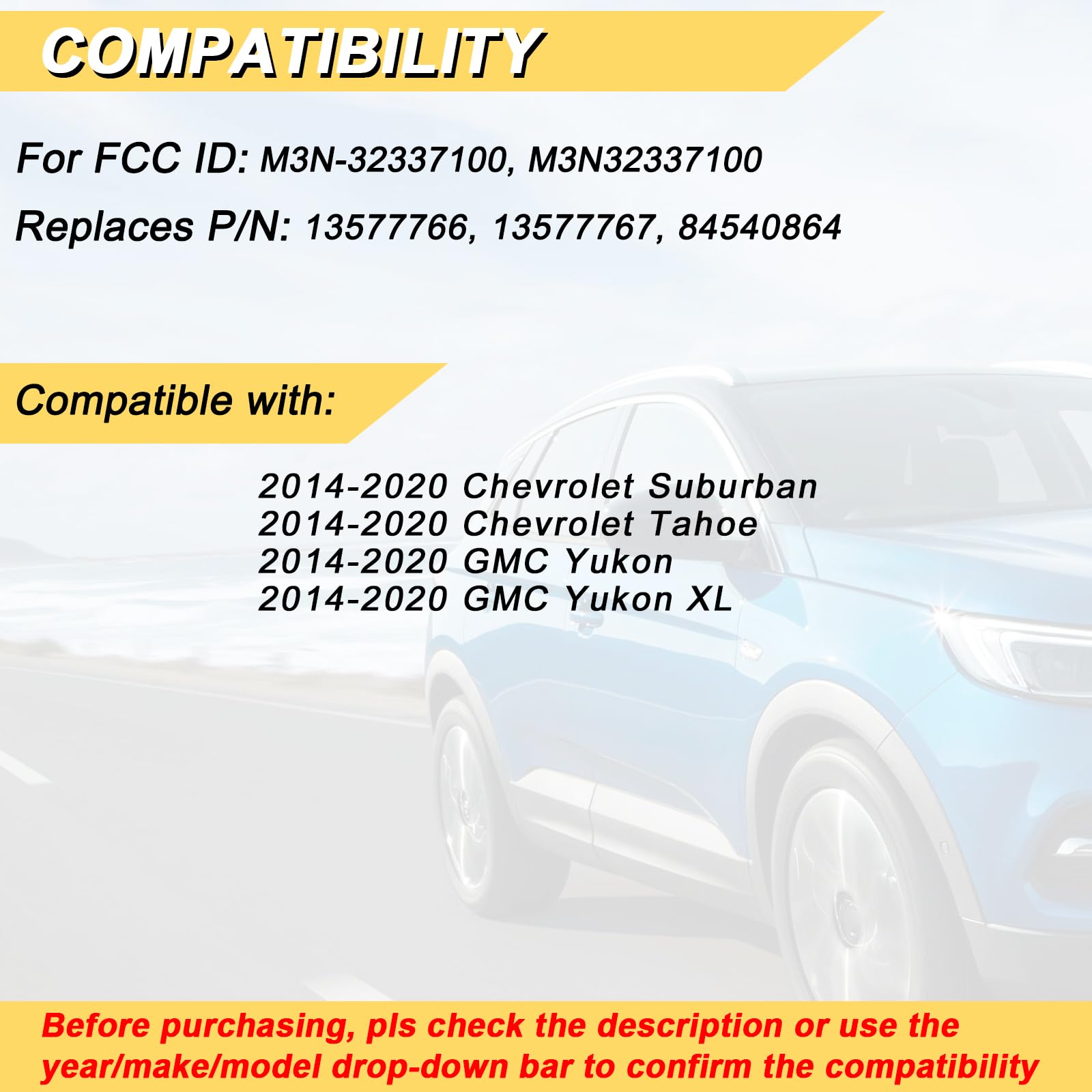 Vurkcy Key Fob Replacement For 2014-2020 Chevrolet Suburban Tahoe & Gmc Yukon/Yukon Xl Car Keyless Entry Remote Control, M3N-323