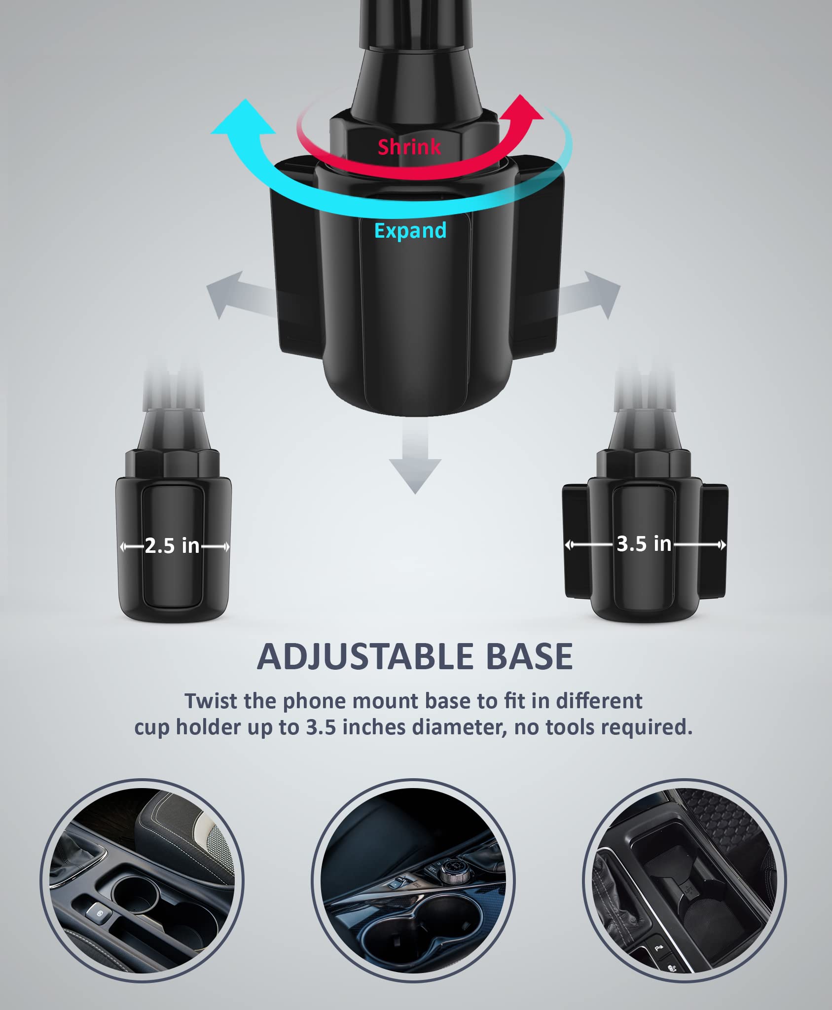 Caviana Double Phone Holder For Car Cup Holder - Extra Long And Flexible Neck, 360 Rotatable Cradle Car Phone Mount - Adjustable