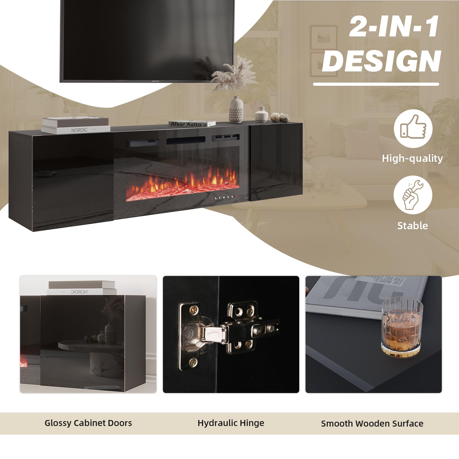 Erommy 70   Floating Tv Stand With 36   Electric Fireplace, High Gloss Finish Entertainment Center With 12 Flame Fireplace I