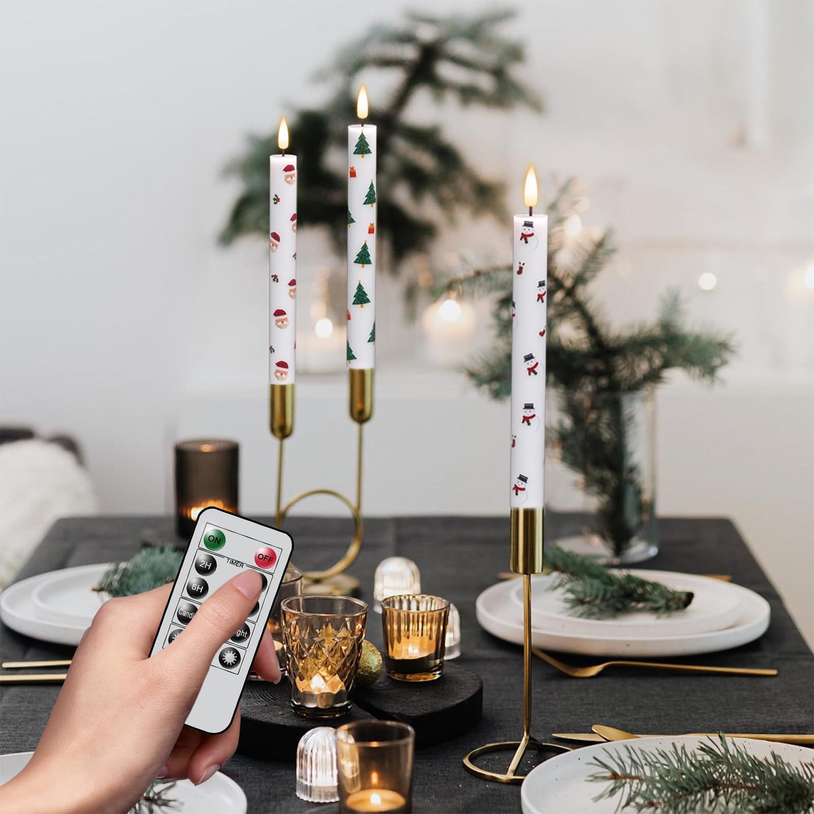 Eldnacele Christmas Taper Flameless Candles Remote And Timer, Battery Operated 3D Wick Flickering Christmas Tree,Santa,Snowman D
