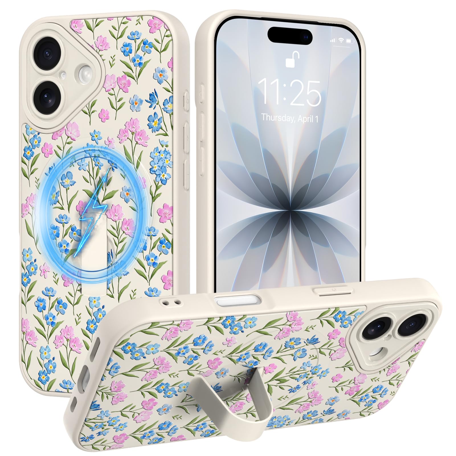 SOKAD Magnetic Floral Case for iPhone 17 with Finger Strap Kickstand, Compatible with Magsafe, Cute Garden Flower Designed for W