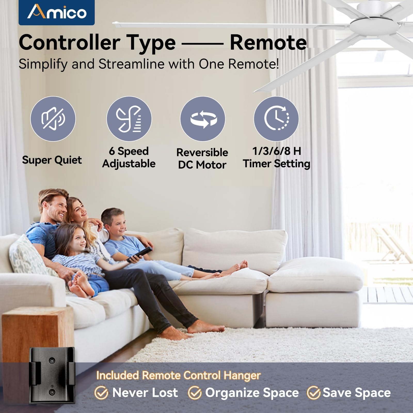 Amico Ceiling Fans Without Lights, 84 Inch Industrial Indoor/Outdoor Ceiling Fan With Remote Control, Reversible, 6 Blades, Nois