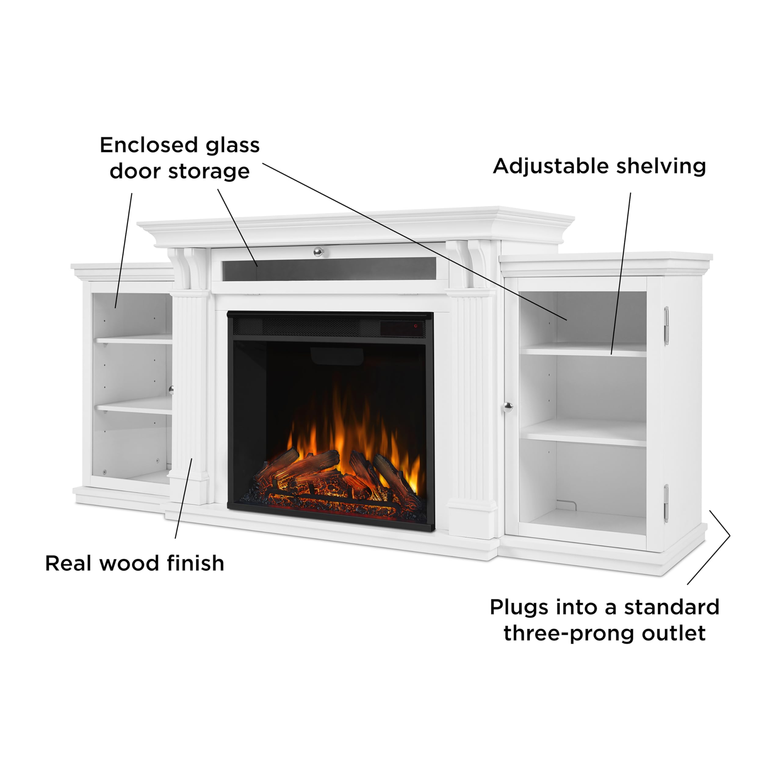 Real Flame Calie 67'' Tv Stand With Electric Fireplace In White, Entertainment Center With Electric Fireplace, Living Room Tv St