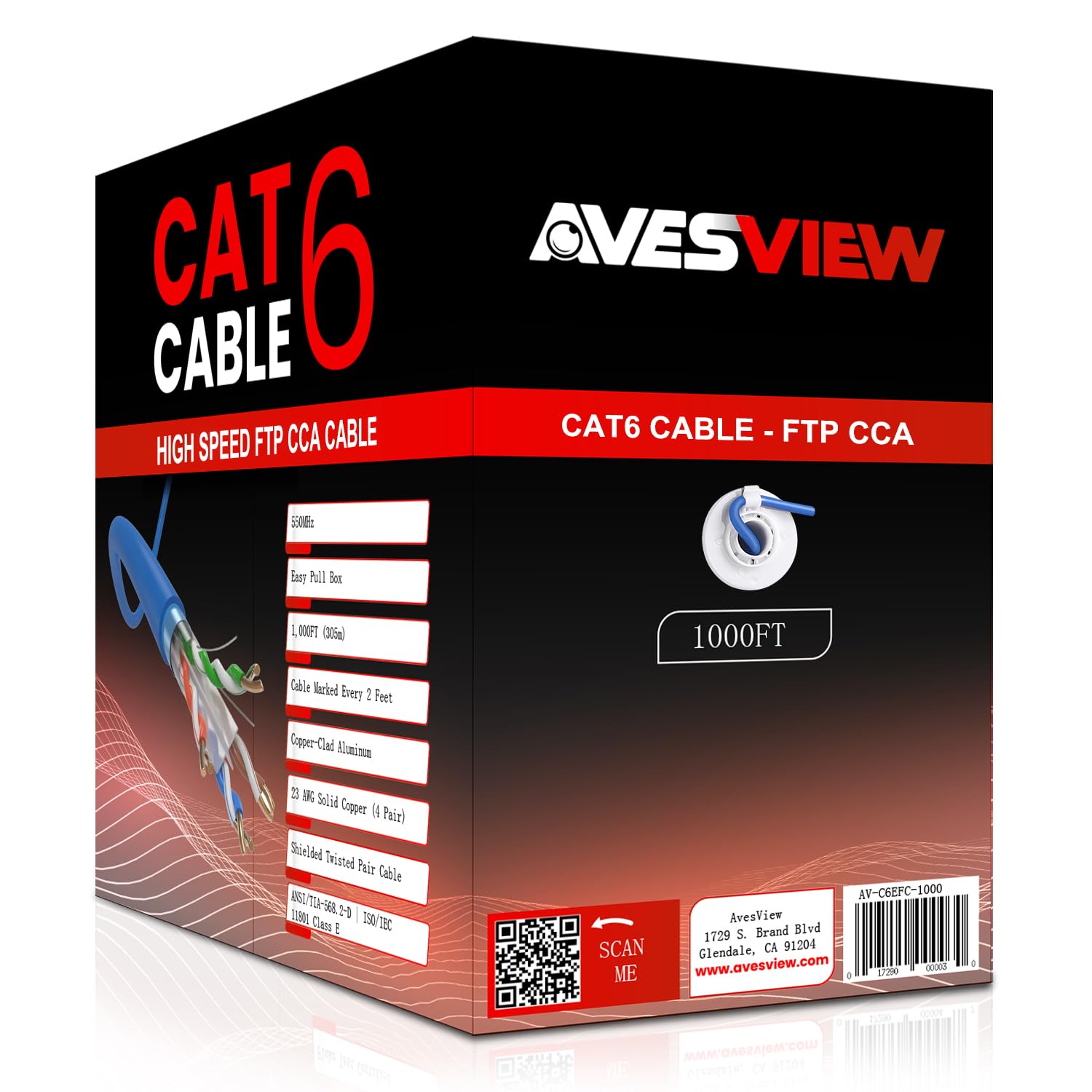 Avesview Cat6 Indoor 1000Ft Shielded Ethernet Cable Easy Pull Box 10Gbps Cat 6 High Speed Internet Cable Foiled Twisted Pair (Ft