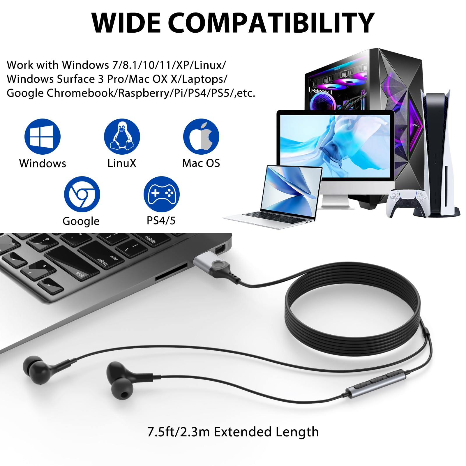 Usb Headphone For Pc Laptop Magnetic 2.3M Wired Earbuds Computer Headset With Microphone Control Mute Mic Noise Canceling In Ear