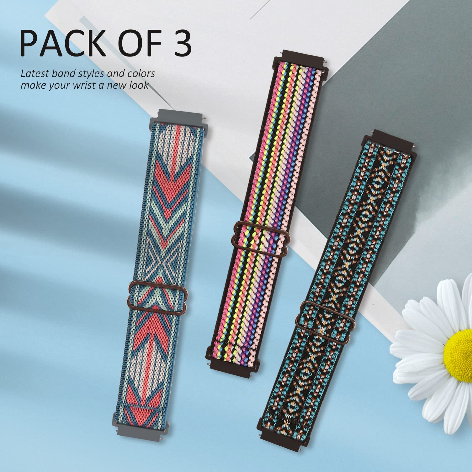 3 Pack Stretchy Nylon Watch Bands Compatible With Garmin Vivoactive 4,Venu 2,Forerunner 255/255 Music,22Mm Loop Elastic Straps F