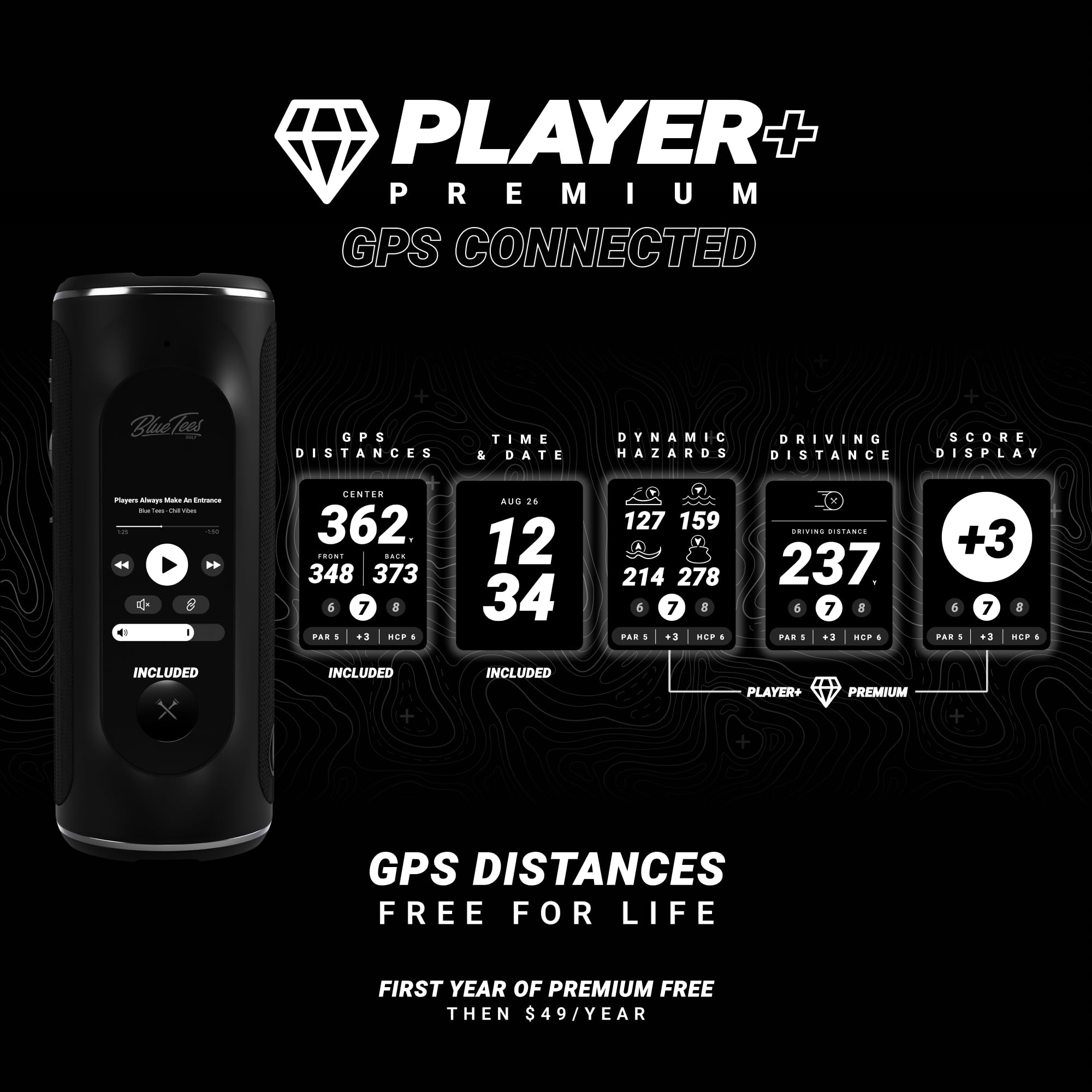 Blue Tees Golf Player+ Gps Speaker With Touch Screen Display, 10+ Hours Battery, 40,000+ Courses, Visual + Audible Distance, Hazard Distance   Ipx7 Waterproof (Navy)