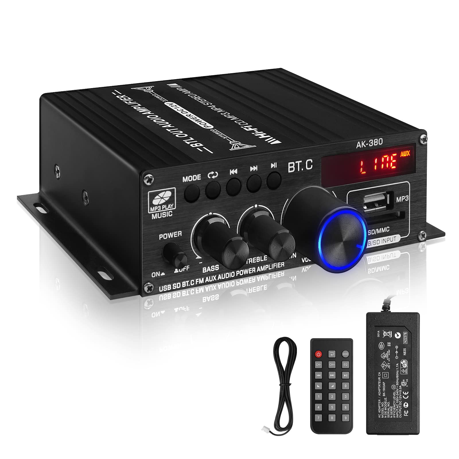 Ak 380 Usb Sd Bt.C Fm Aux Audio Power Amplifier 400W+400W 2.0 Ch Hifi Stereo Amp Speaker Bluetooth 5.0 Amp Receiver With 12V 5A