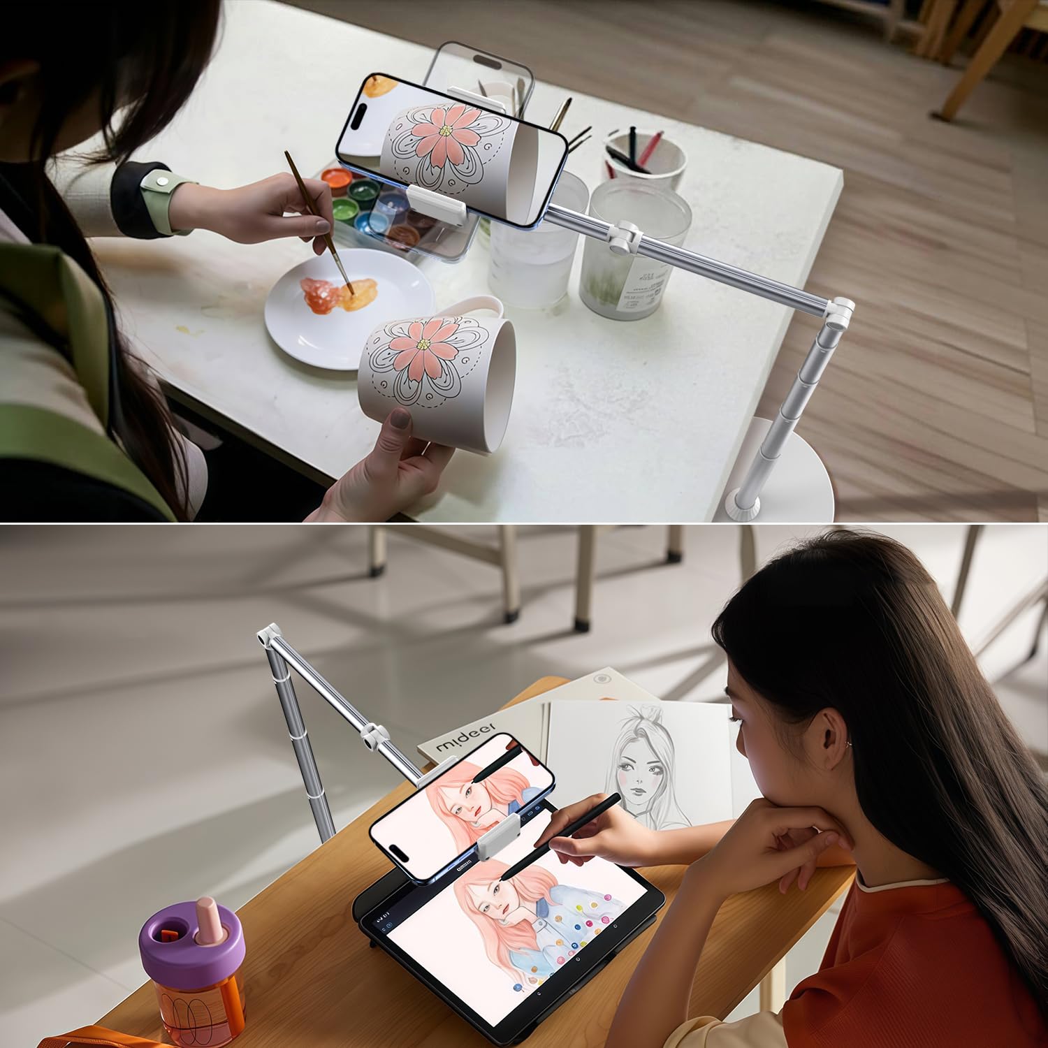 Overhead Phone Mount Floor Phone Holder Stand, Tripod For Recording Cooking Videos, Bedside Adjustable Arm Reading Stand, 360 Ro