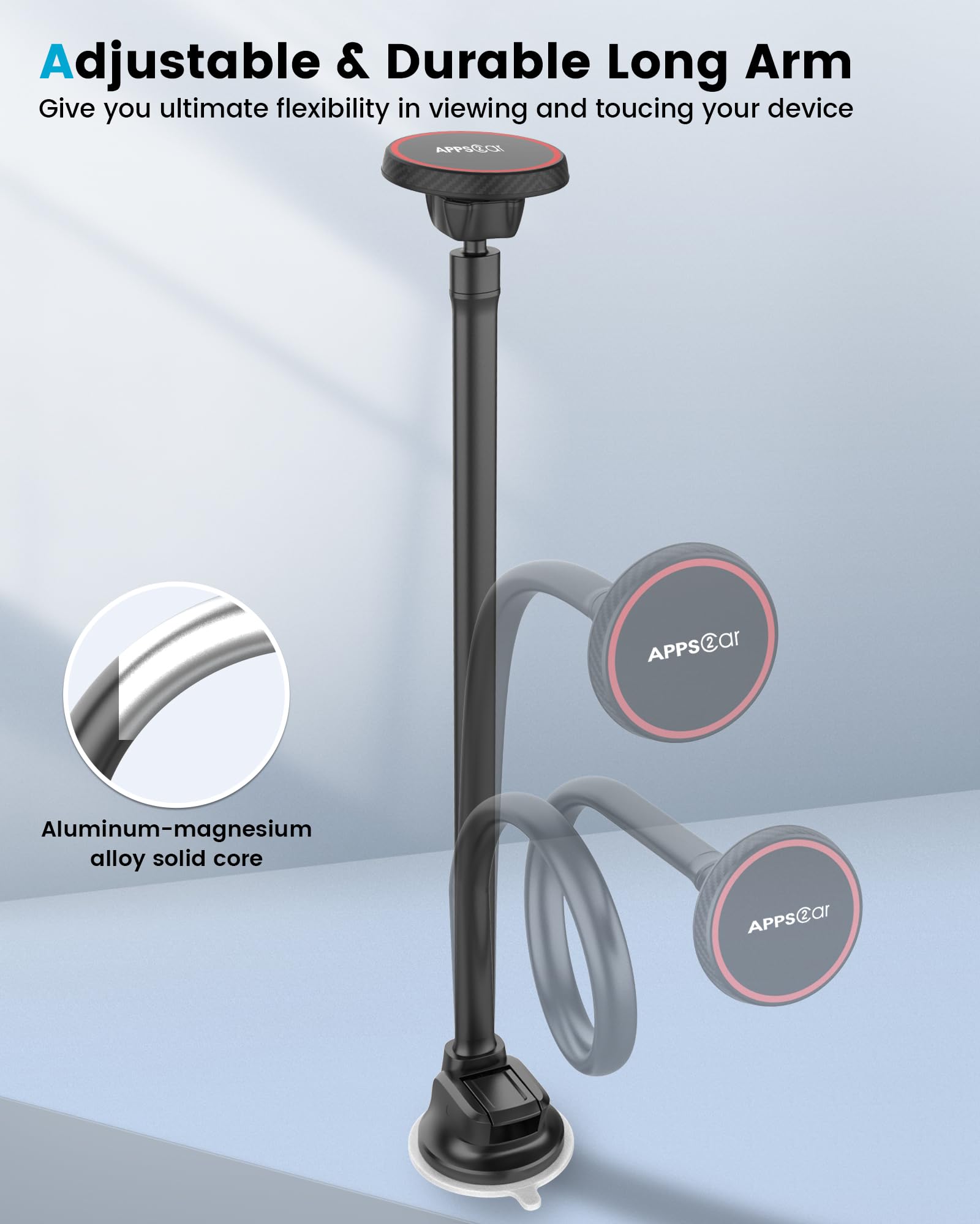 Apps2Car For Magsafe Car Mount Magnetic Phone Holder Upgraded 13-Inch Long Arm Suction Cup Windshield Mount Fits Iphone 16 Pro M
