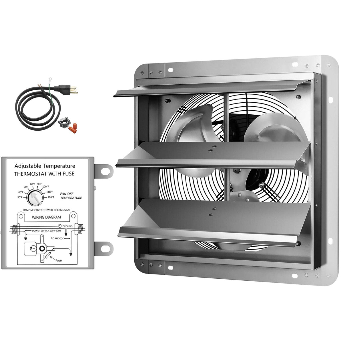 Ipower 14 Inch Wall Mounted Shutter Exhaust Fan With Temperature Controller And Power Cord Kit, Aluminum, 1600 Rpm, 1000 Cfm, Fo