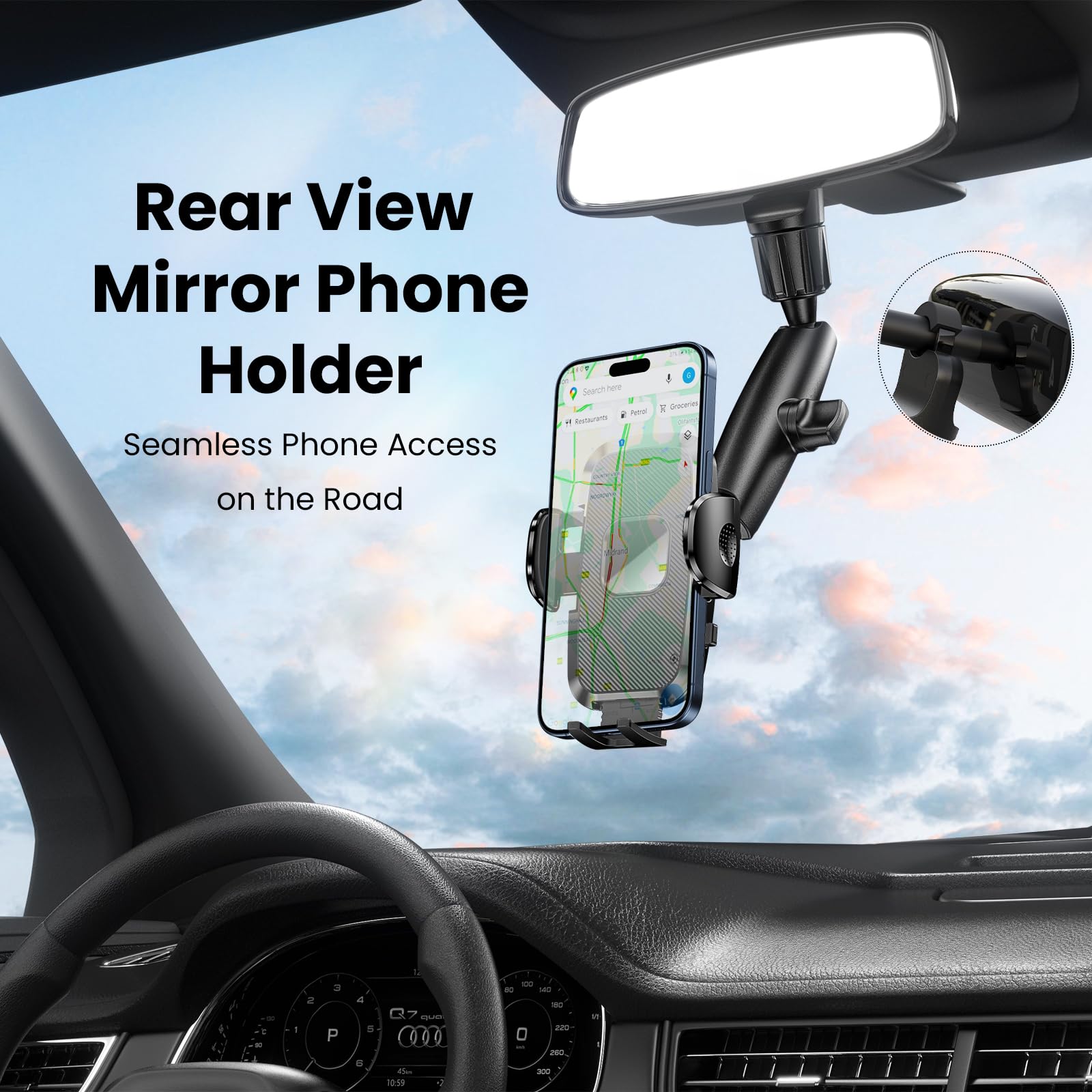 Jdhdl Car Phone Holder Rear View Mirror Phone Holder, 360 Rotating Car Phone Holder Mount Compatible With All 4-7 Inch Iphone An
