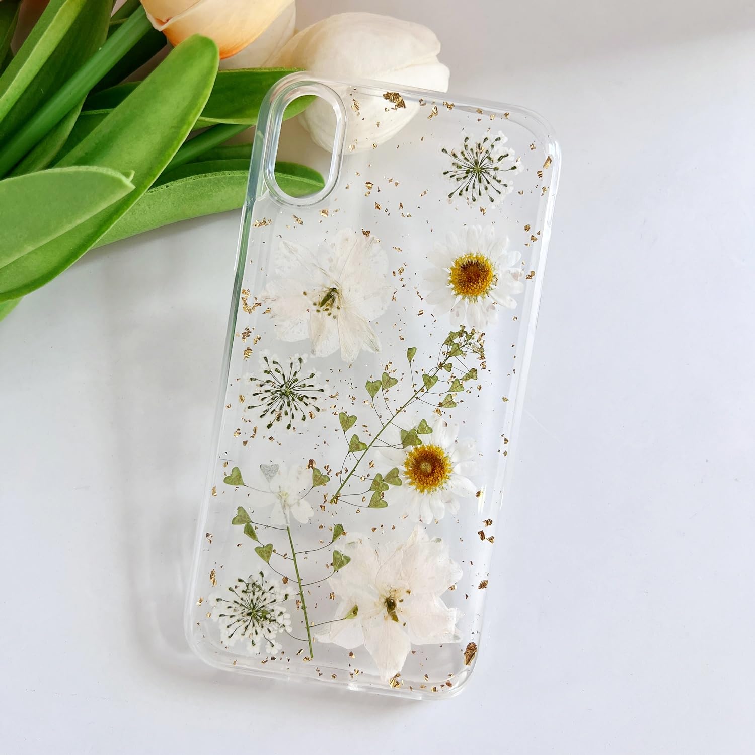 Lseeka For Iphone Xr Clear Case With Pressed Real Flowers Design,Glitter Cute White Floral Pattern Slim Soft Tpu Protective Wome