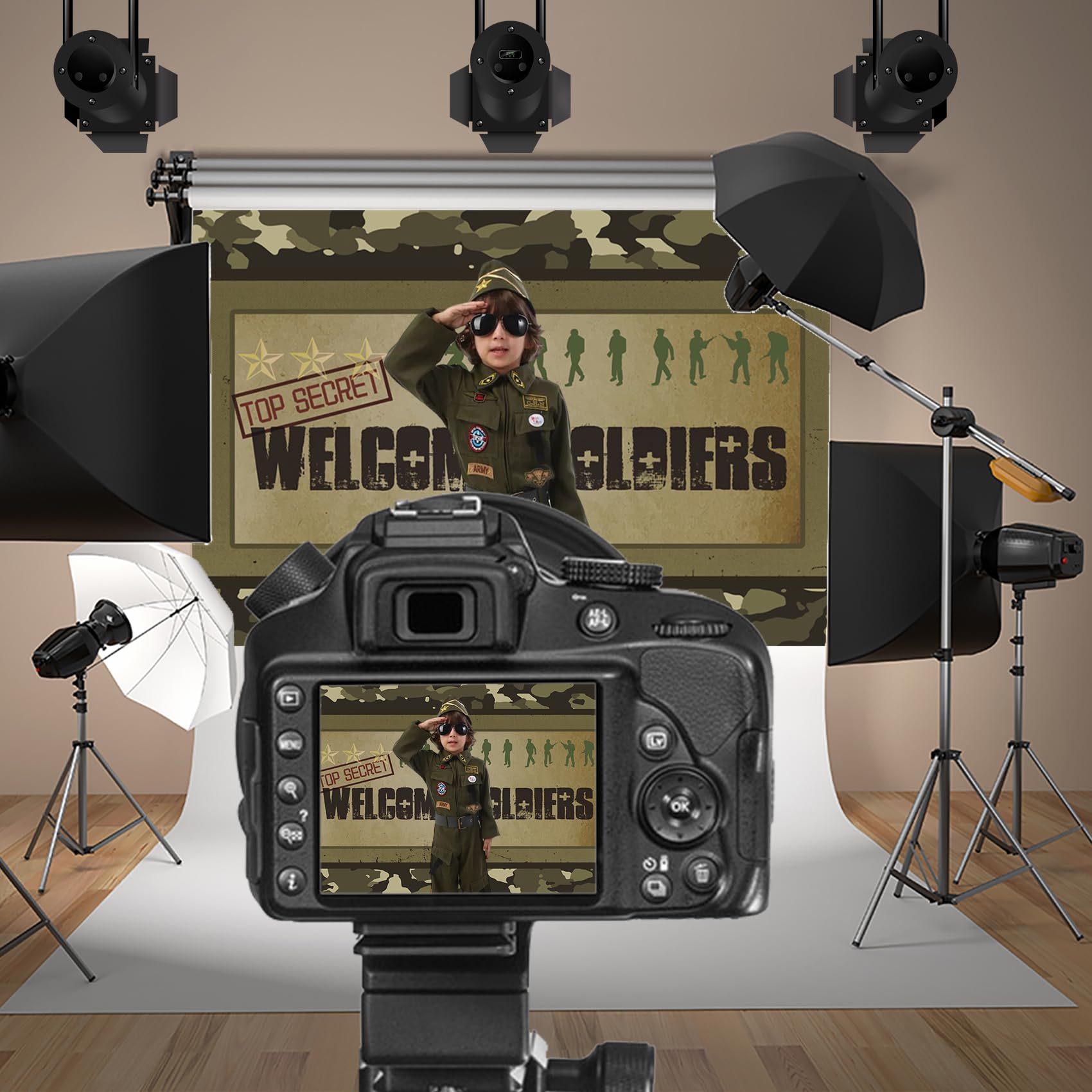 Baocicco Army Soldier Backdrop 7X5Ft Welcome Soldiers Photography Background Three Stars Top Secret Camouflage Backdrop Children
