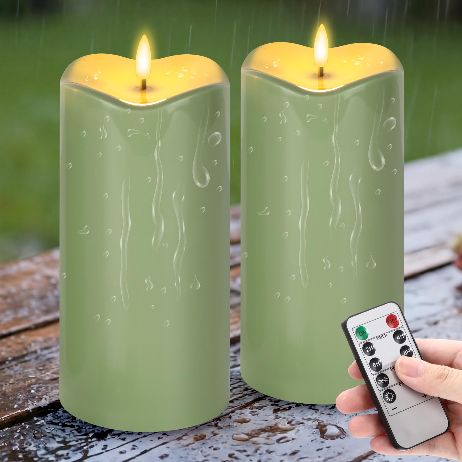 Rossesay 2 Pack 4 x 8 Inch Large Waterproof Outdoor Flameless Candles LED Flickering Pillar Candles with Remote and Timers Batte