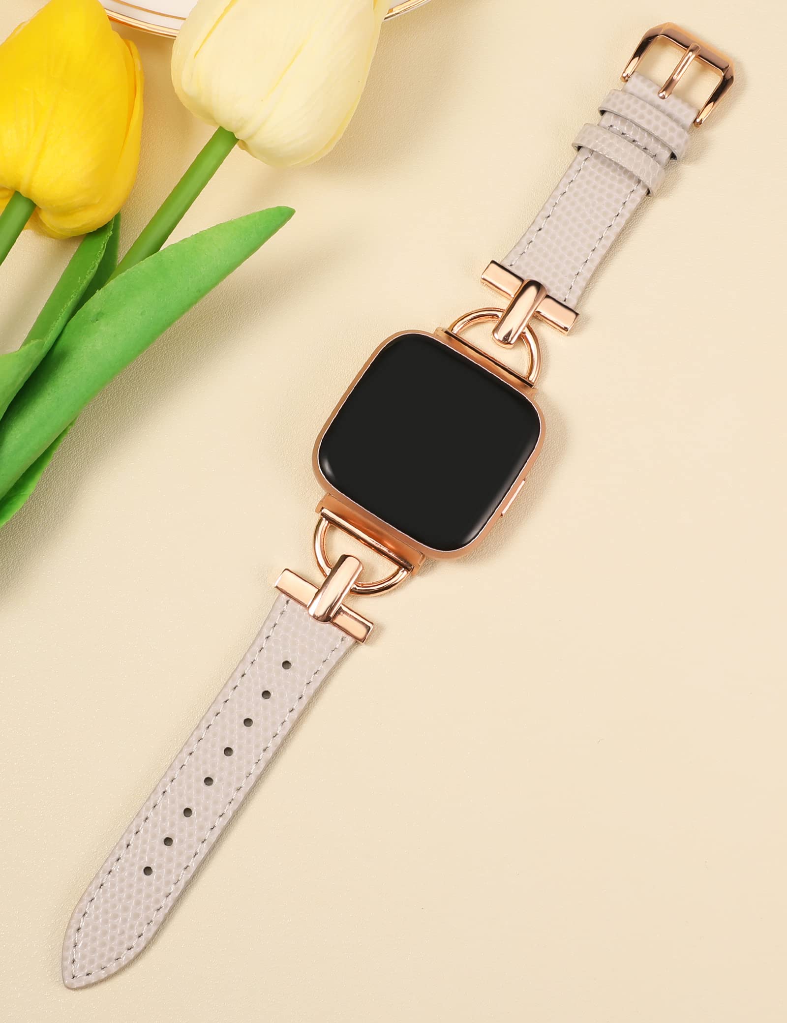 Wearlizer Leather Band Compatible With Fitbit Versa 2 Bands For Women, Dressy Slim Strap Wristband D-Shape Metal Buckle Versa/Ve