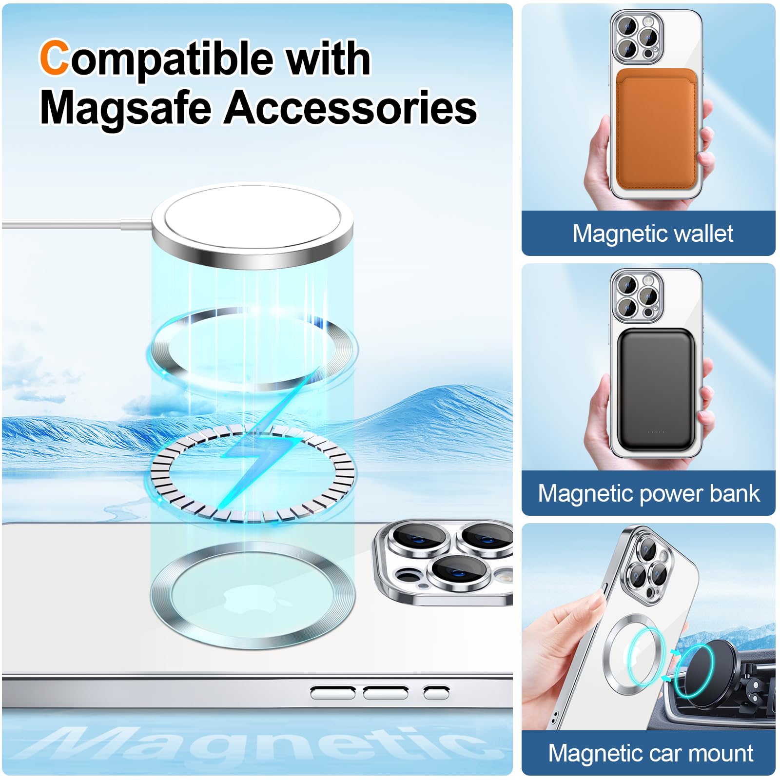 Hython For Iphone 15 Pro Max Case Clear Magnetic Glitter Phone Cases [Compatible With Magsafe] Full Camera Lens Protector Slim G