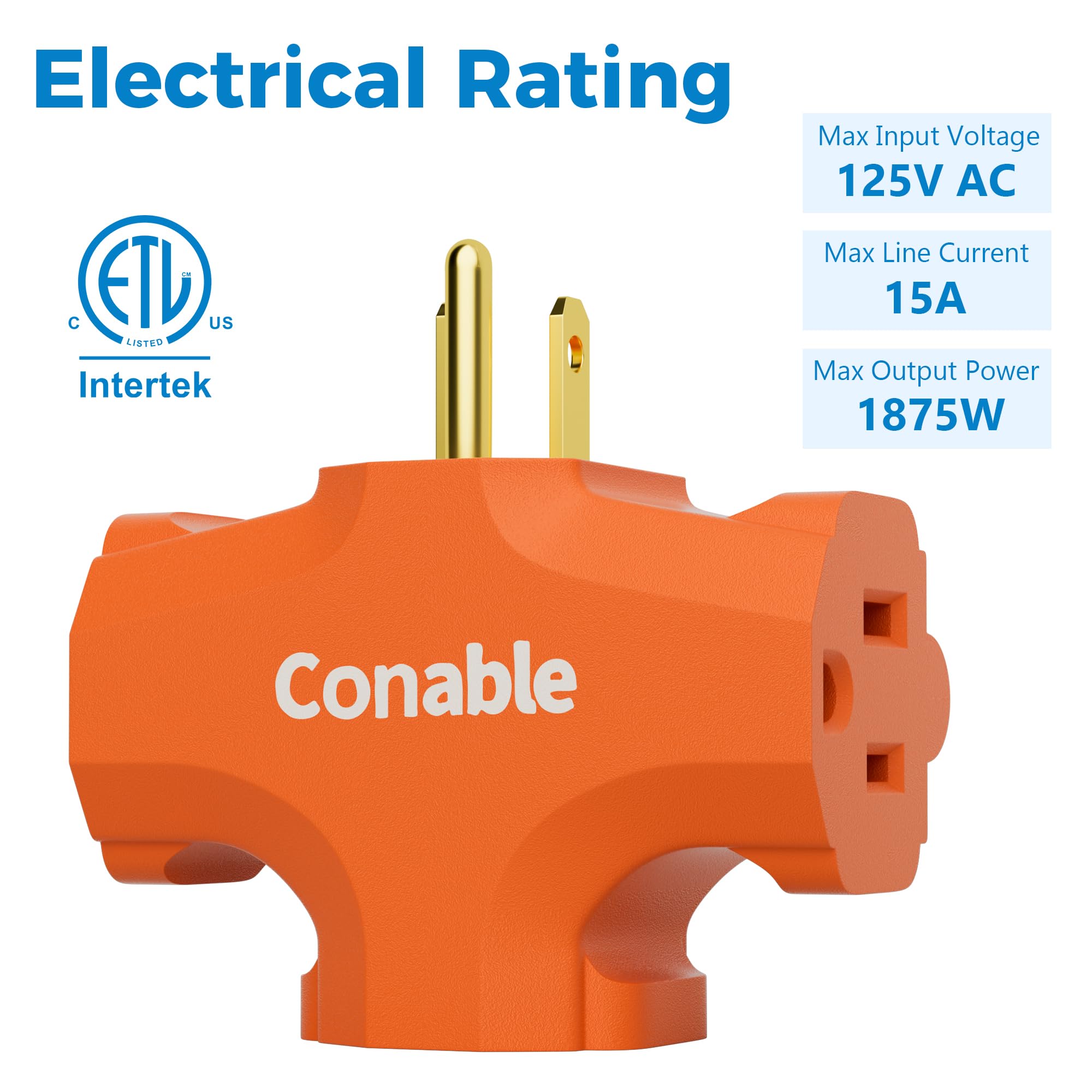 3 Outlet Adapter, 3 Prong Plug Extender, Heavy Duty Grounded Power Tap 3 Way Splitter Adapter, Electric Outlet Expander Sideways