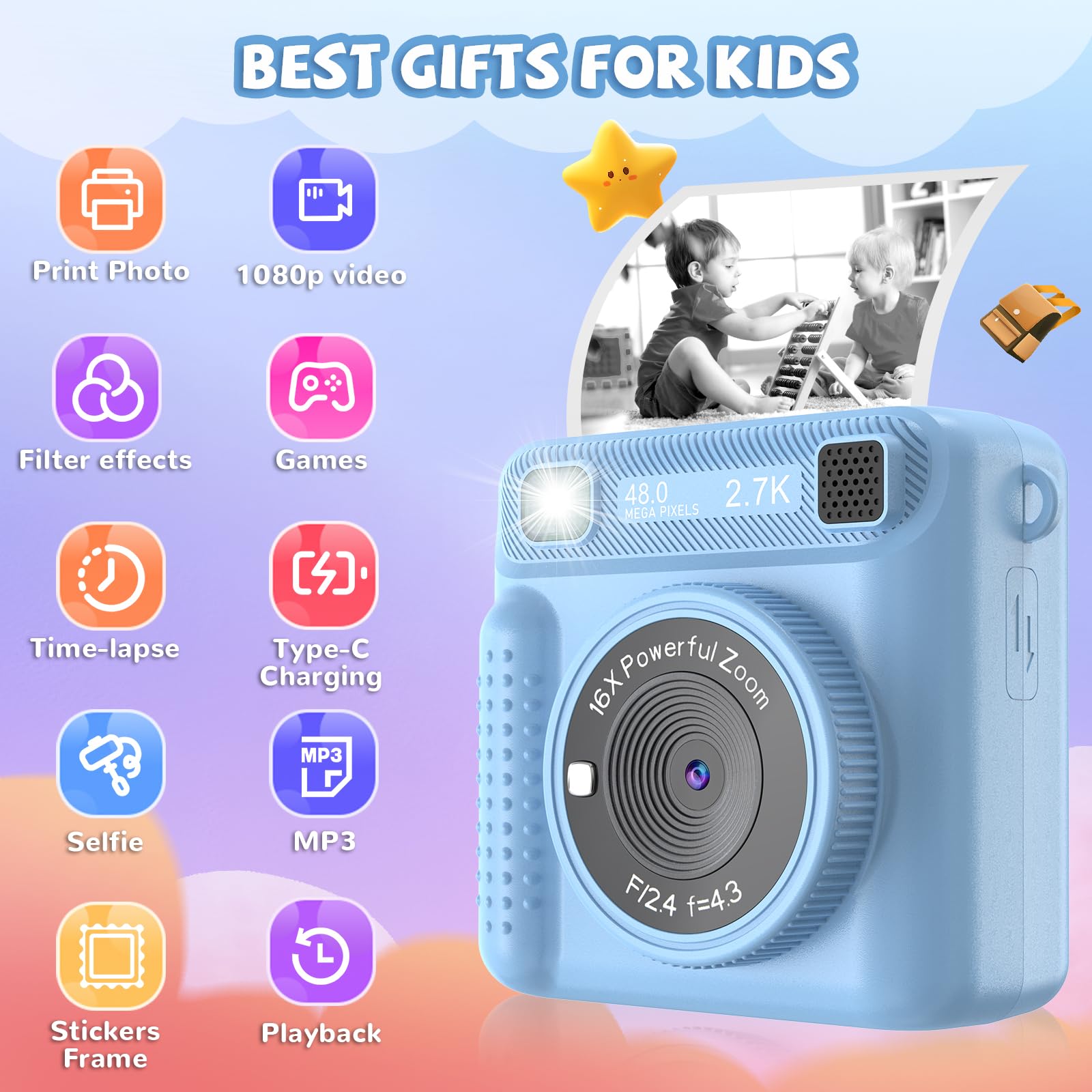Instant Print Kids Camera   1080P Selfie Digital Camera, Portable Travel Toy For Boys & Girls Age 3 12, Christmas Birthday Gifts
