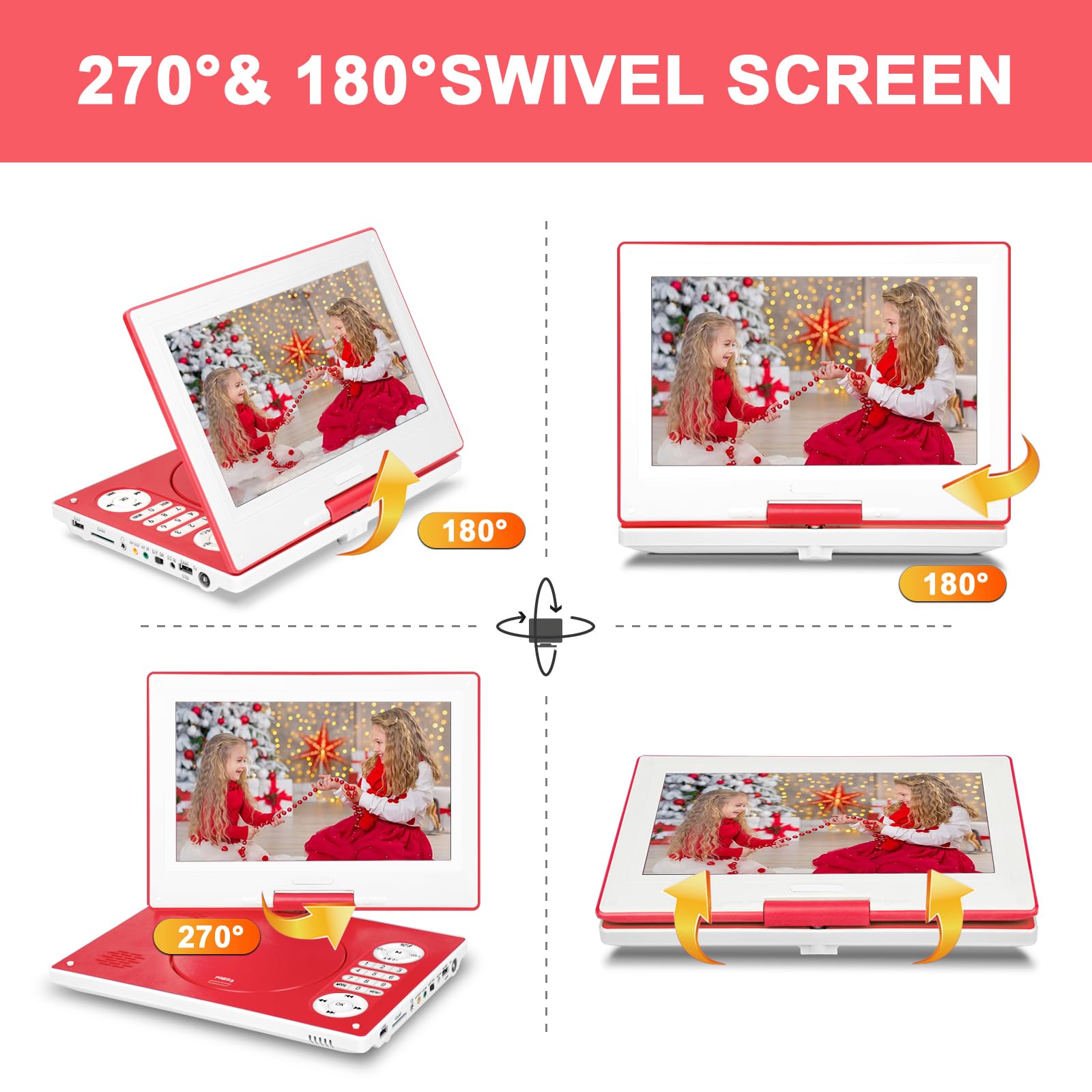 12.5'' Portable Dvd Player With 10.1'' Hd Swivel Screen, 6 Hours Rechargeable Battery Dvd Player Portable For Kids And Car, Supp