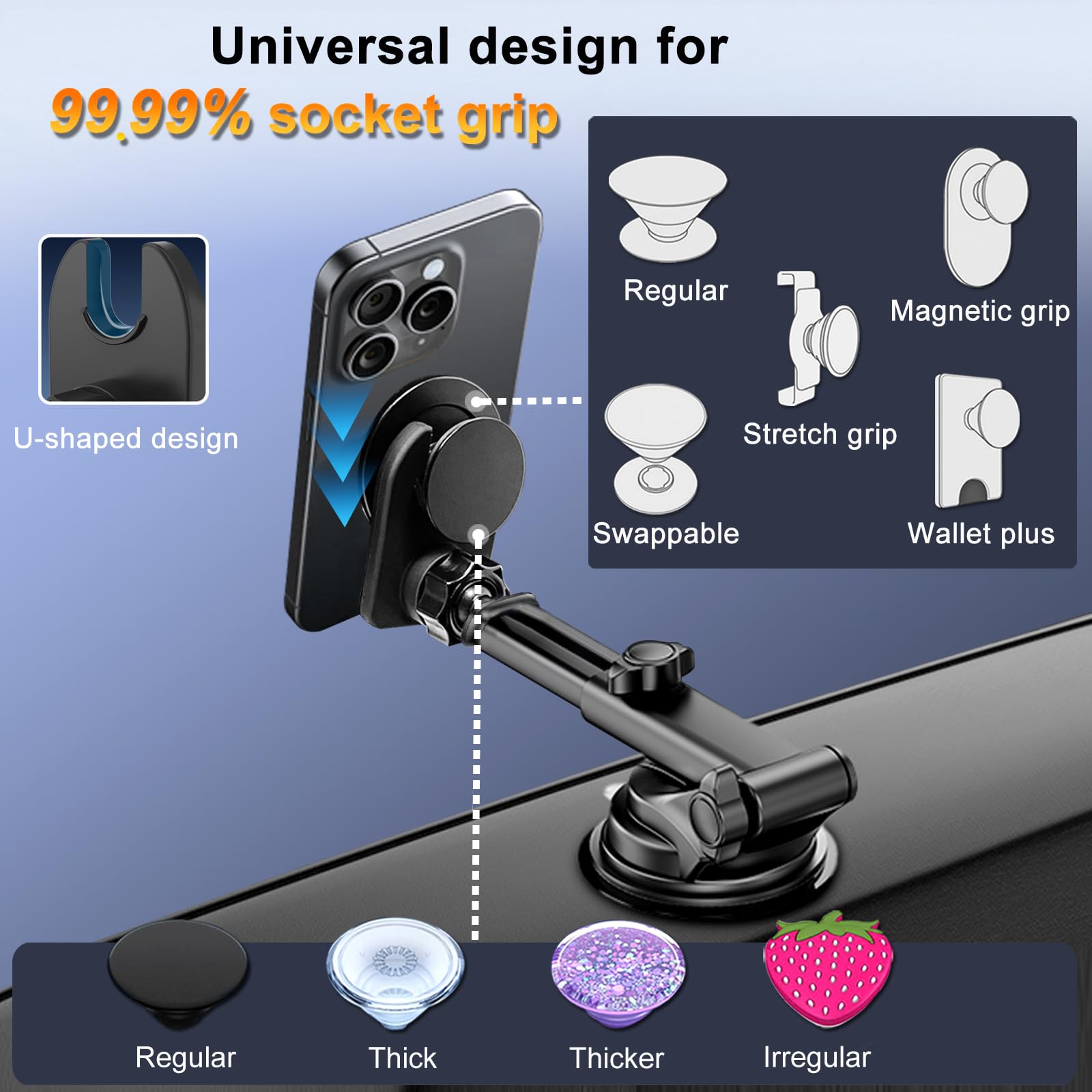 Jctriway Car Mount For Pop Socket, Dashboard Windshield Car Phone Holder Compatible With Popsocket, Powerful Suction Cup Car Pho