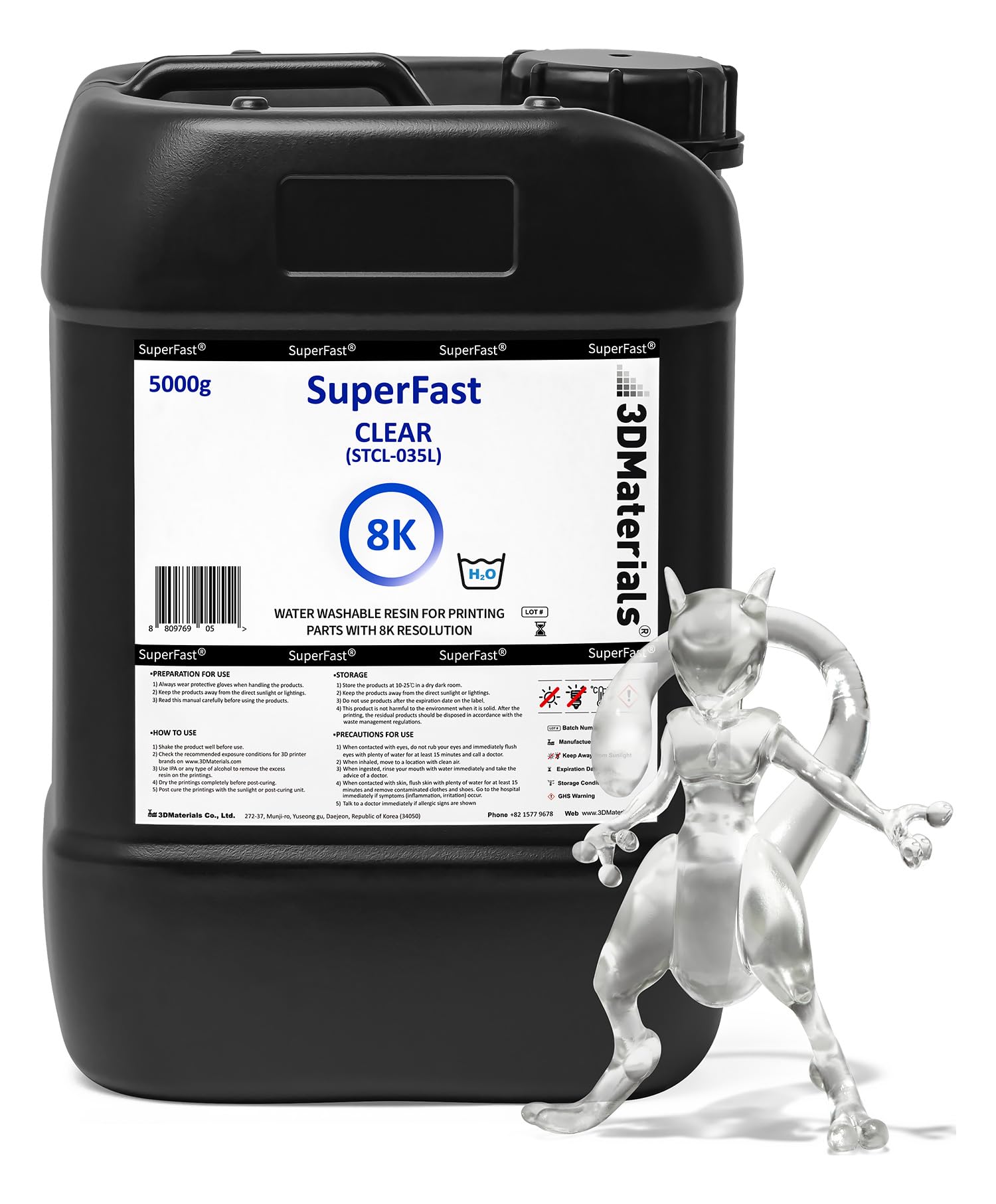 Superfast 8K 3D Printer Resin Water Washable, 50Um Print In 05 Sec, Made In Korea By 3Dmaterials (5000G, Clear)