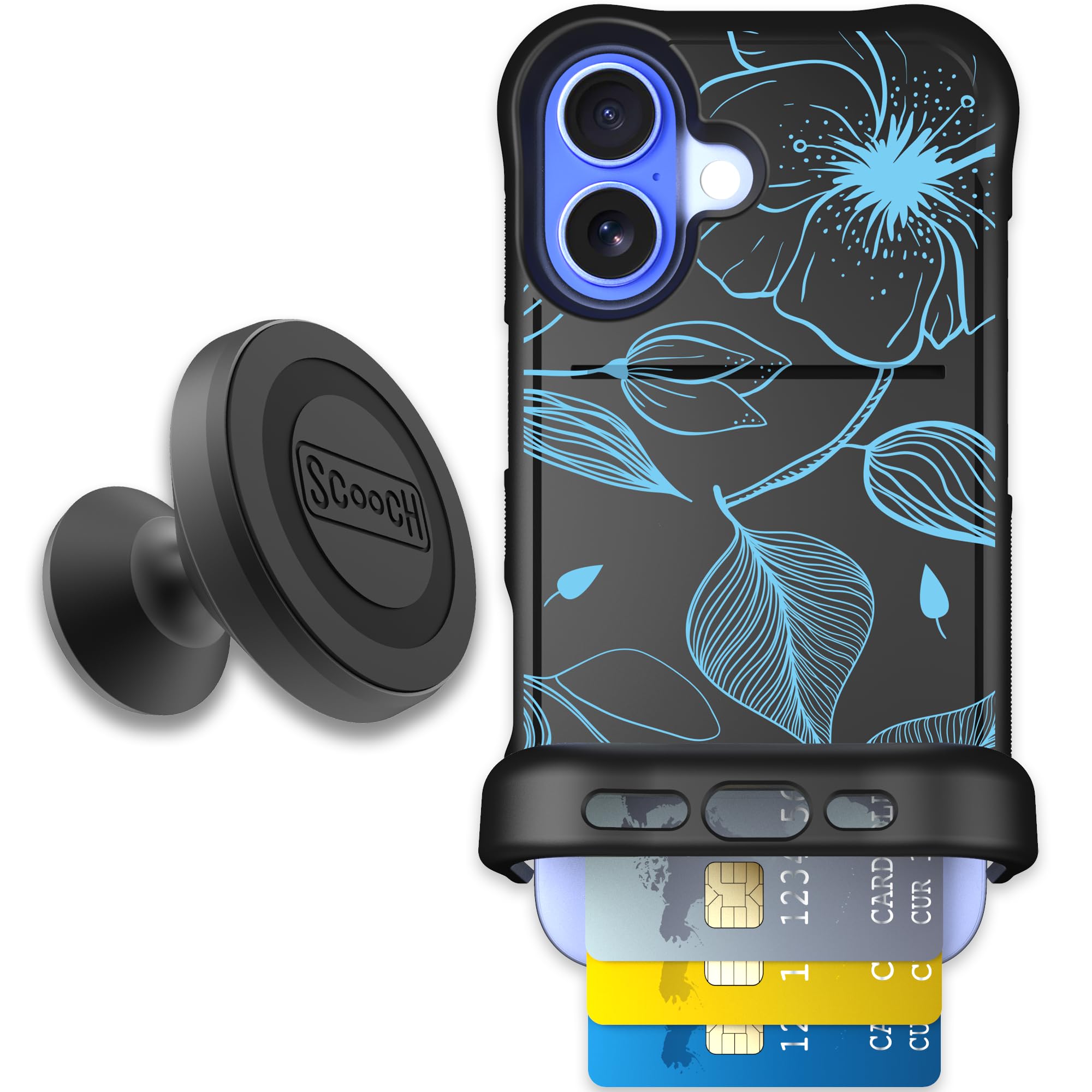 Scooch for iPhone 16 Case with Card Holder, Wingmate Wallet Case with Hidden Card Slot and RFID Protection, Starter Bundle with 