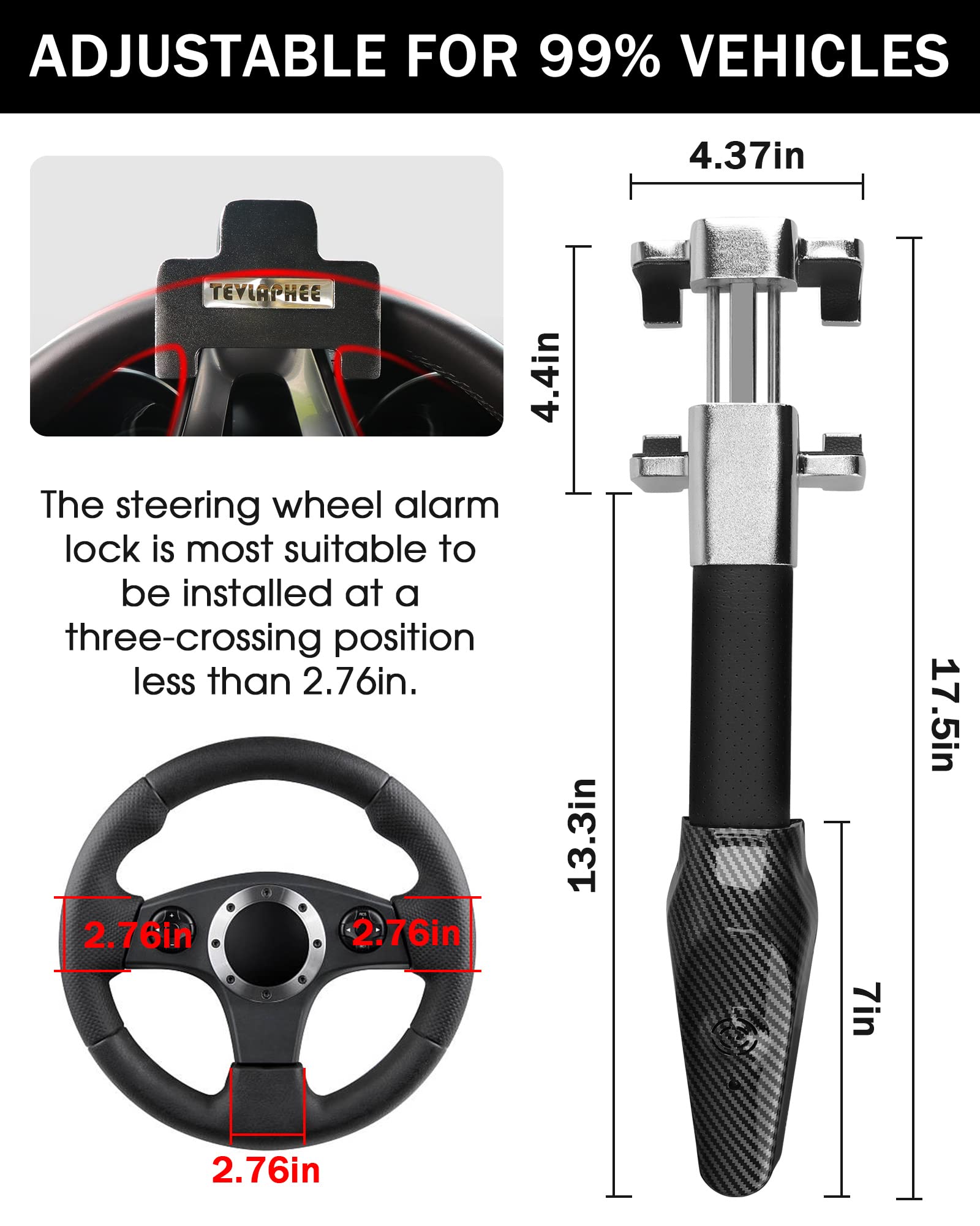 Tevlaphee Steering Wheel Lock With Alarm,Heavy Duty Anti Theft Car Device Car Lock Car Theft Prevention Universal Fit For Vehicl