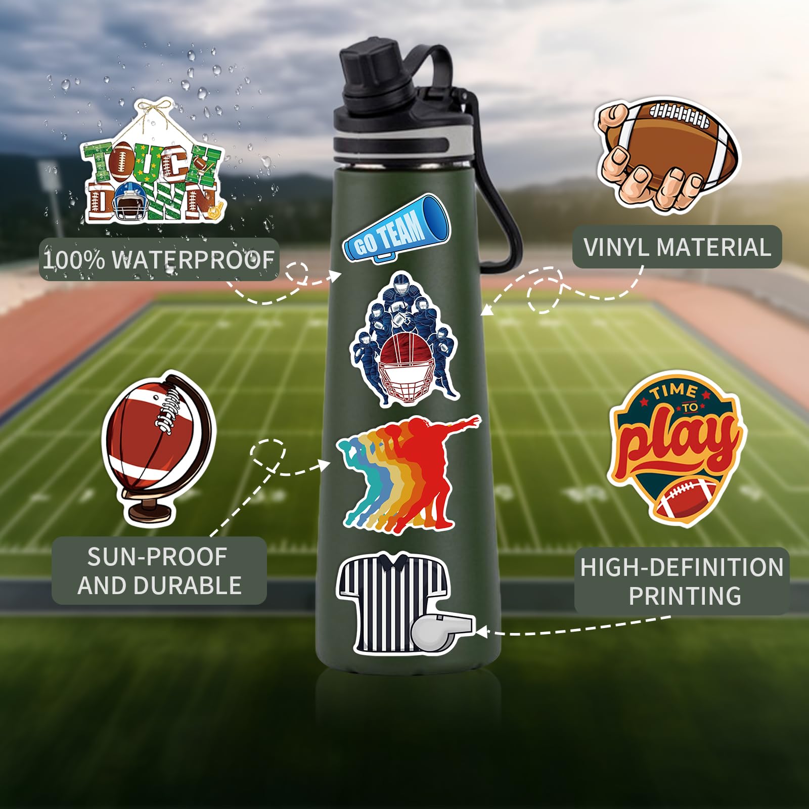 Xzentira 105 Pcs Football Stickers Water Bottle Football Stickers Bulk Vinyl American Football Stickers For Laptop Skateboard Fo