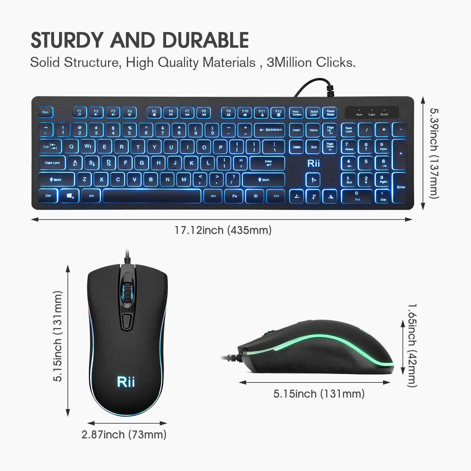 Rii Wired Keyboard and Mouse Combo, RK105 RGB Backlit, Quiet Input for Gaming, Office, School