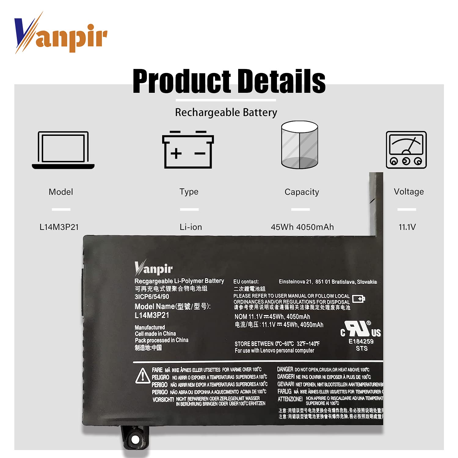 Vanpir L14M3P21 Laptop Battery 11.1V 45Wh 4050Mah Replacement For Lenovo Ideapad 310S 320S 500S 510S 520S Edge 2 1580 Flex 3 147