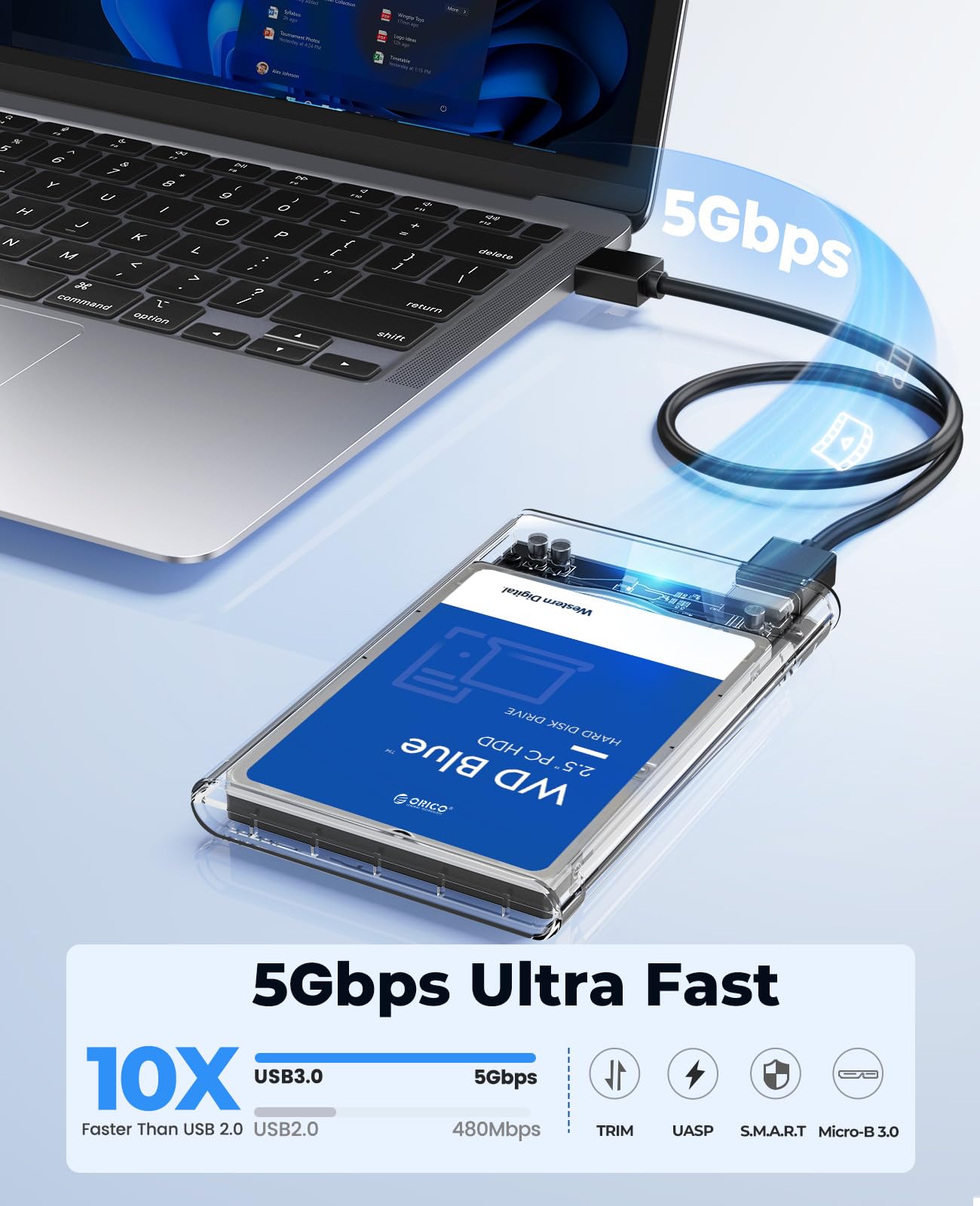 ORICO 2.5'' External Hard Drive Enclosure USB 3.0 to SATA III Tool Free Clear Hard Disk Case for 2.5 inch 7mm 9.5mm SATA HDD SSD Max 6TB Support UASP(2139U3)